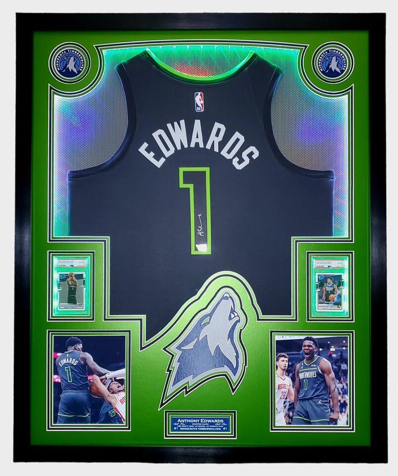 Anthony Edwards Signed Timberwolves Custom Framed LED Backlit Nike Jersey Display & (2) PSA 10 Graded Rookie Cards (Fanatics) at PristineAuction.com Anthony Edwards Signed Timberwolves Custom Framed LED Backlit Nike Jersey Display & (2) PSA 10 Graded Rookie Cards (Fanatics) at PristineAuction.com