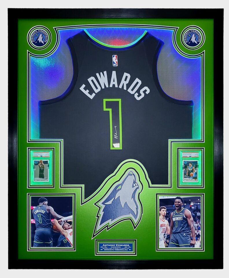 Anthony Edwards Signed Timberwolves Custom Framed LED Backlit Nike Jersey Display & (2) PSA 10 Graded Rookie Cards (Fanatics) at PristineAuction.com Anthony Edwards Signed Timberwolves Custom Framed LED Backlit Nike Jersey Display & (2) PSA 10 Graded Rookie Cards (Fanatics) at PristineAuction.com