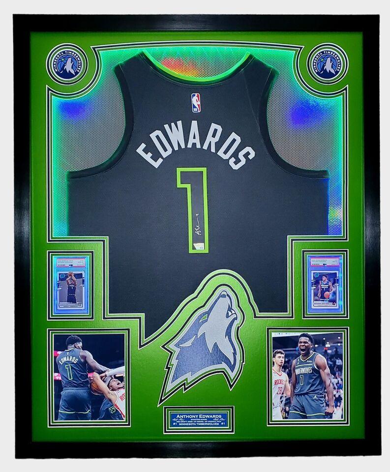 Anthony Edwards Signed Timberwolves Custom Framed LED Backlit Nike Jersey Display & (2) PSA 10 Graded Rookie Cards (Fanatics) at PristineAuction.com Anthony Edwards Signed Timberwolves Custom Framed LED Backlit Nike Jersey Display & (2) PSA 10 Graded Rookie Cards (Fanatics) at PristineAuction.com