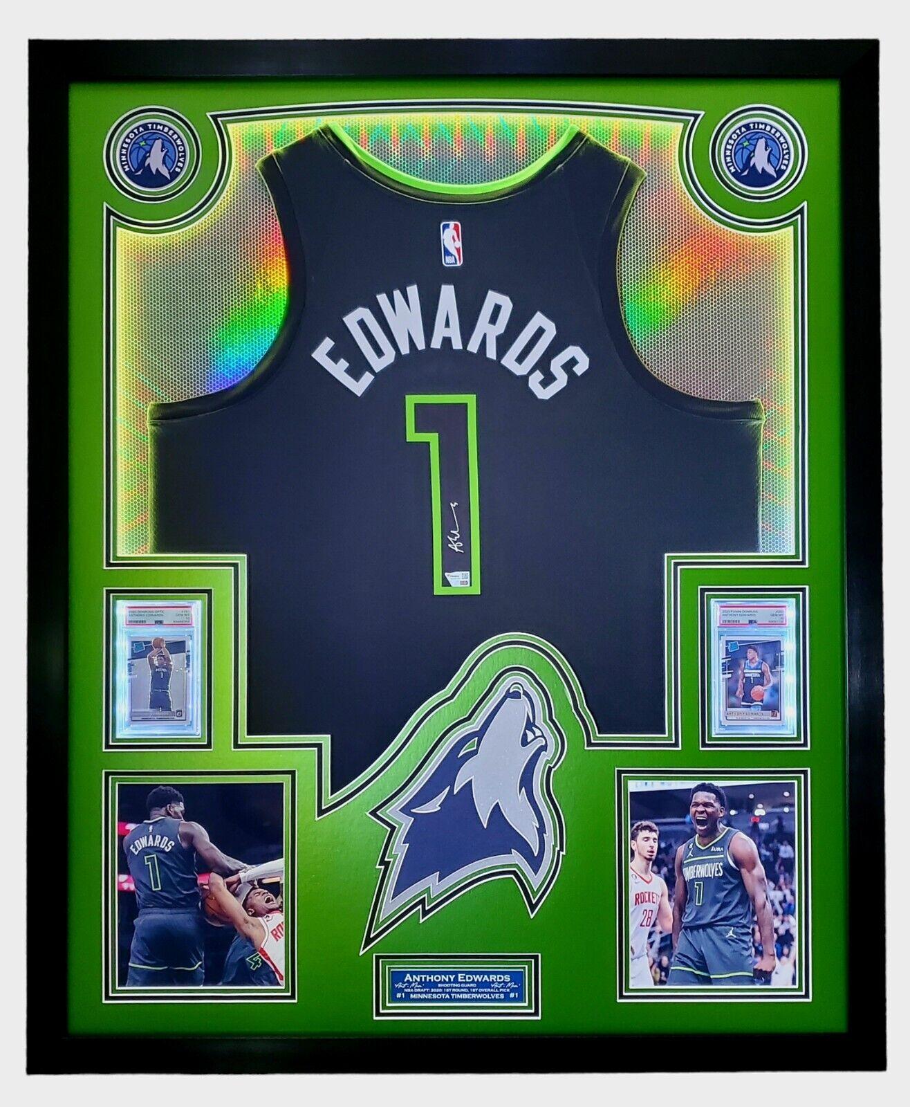 Anthony Edwards Signed Timberwolves Custom Framed LED Backlit Nike Jersey Display & (2) PSA 10 Graded Rookie Cards (Fanatics) at PristineAuction.com Anthony Edwards Signed Timberwolves Custom Framed LED Backlit Nike Jersey Display & (2) PSA 10 Graded Rookie Cards (Fanatics) at PristineAuction.com