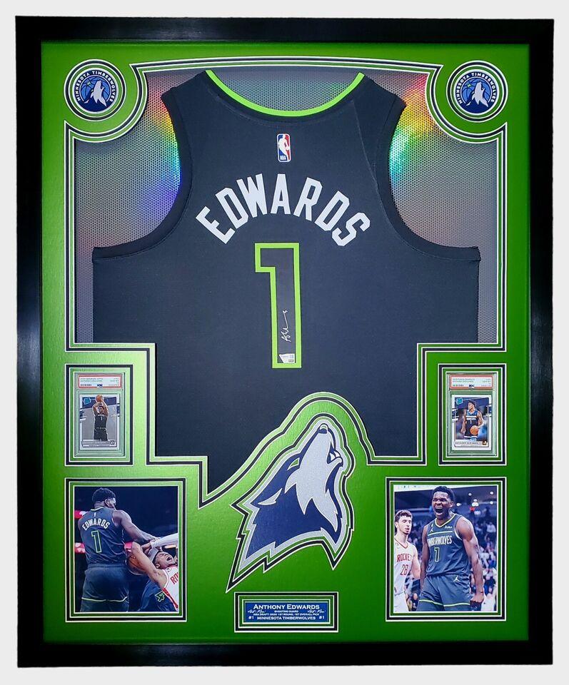 Anthony Edwards Signed Timberwolves Custom Framed LED Backlit Nike Jersey Display & (2) PSA 10 Graded Rookie Cards (Fanatics) at PristineAuction.com Anthony Edwards Signed Timberwolves Custom Framed LED Backlit Nike Jersey Display & (2) PSA 10 Graded Rookie Cards (Fanatics) at PristineAuction.com