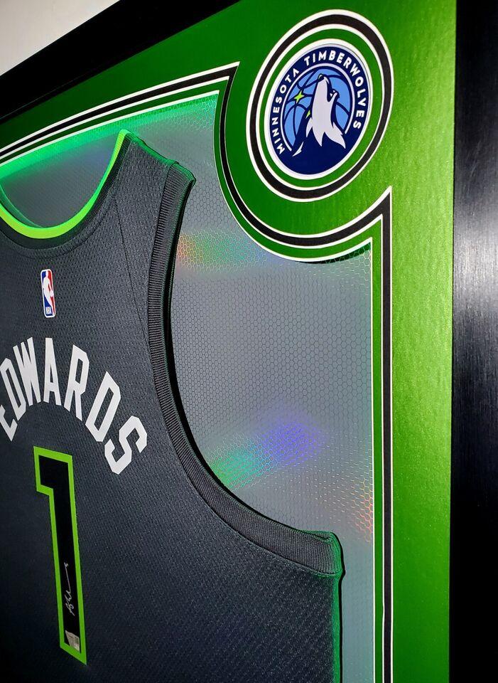 Anthony Edwards Signed Timberwolves Custom Framed LED Backlit Nike Jersey Display & (2) PSA 10 Graded Rookie Cards (Fanatics) at PristineAuction.com Anthony Edwards Signed Timberwolves Custom Framed LED Backlit Nike Jersey Display & (2) PSA 10 Graded Rookie Cards (Fanatics) at PristineAuction.com