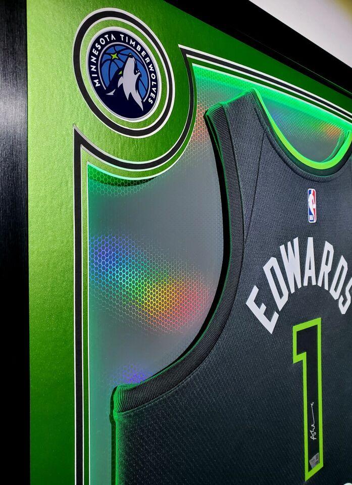 Anthony Edwards Signed Timberwolves Custom Framed LED Backlit Nike Jersey Display & (2) PSA 10 Graded Rookie Cards (Fanatics) at PristineAuction.com Anthony Edwards Signed Timberwolves Custom Framed LED Backlit Nike Jersey Display & (2) PSA 10 Graded Rookie Cards (Fanatics) at PristineAuction.com