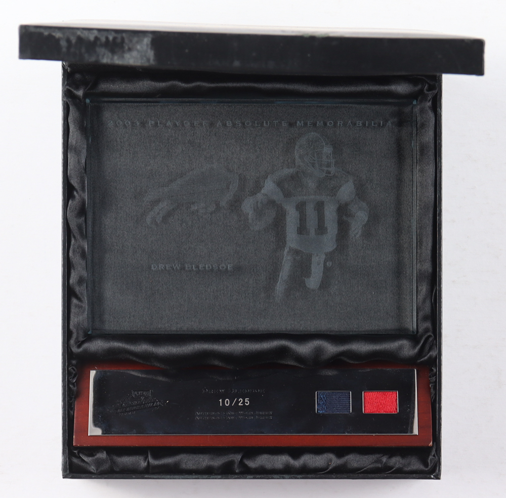 Drew Bledsoe 2003 Absolute Memorabilia Playoff Dual Game-Worn Jersey Swatch Plaque #10/25 at PristineAuction.com Drew Bledsoe 2003 Absolute Memorabilia Playoff Dual Game-Worn Jersey Swatch Plaque #10/25 at PristineAuction.com