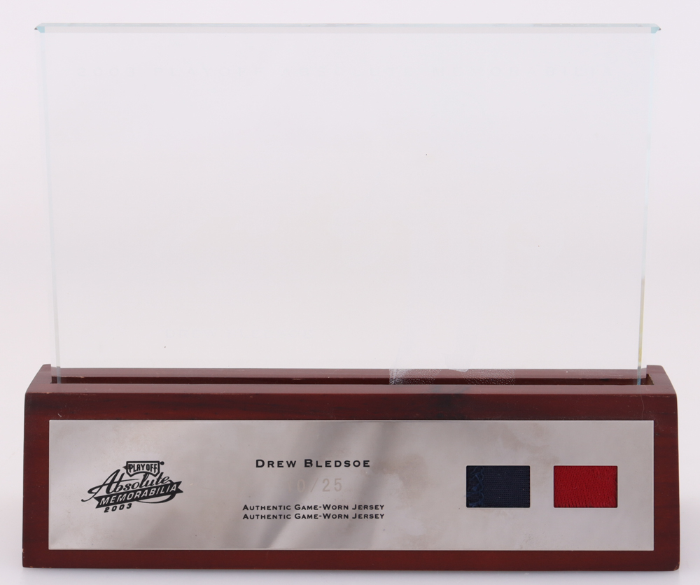Drew Bledsoe 2003 Absolute Memorabilia Playoff Dual Game-Worn Jersey Swatch Plaque #10/25 at PristineAuction.com Drew Bledsoe 2003 Absolute Memorabilia Playoff Dual Game-Worn Jersey Swatch Plaque #10/25 at PristineAuction.com
