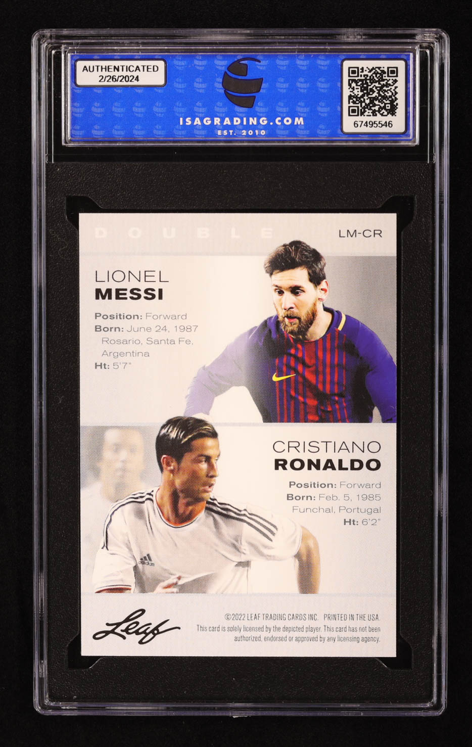 Lionel Messi / Cristiano Ronaldo 2022 Leaf Exclusive Legends Edition #LMCR (ISA 10) at PristineAuction.com Lionel Messi / Cristiano Ronaldo 2022 Leaf Exclusive Legends Edition #LMCR (ISA 10) at PristineAuction.com