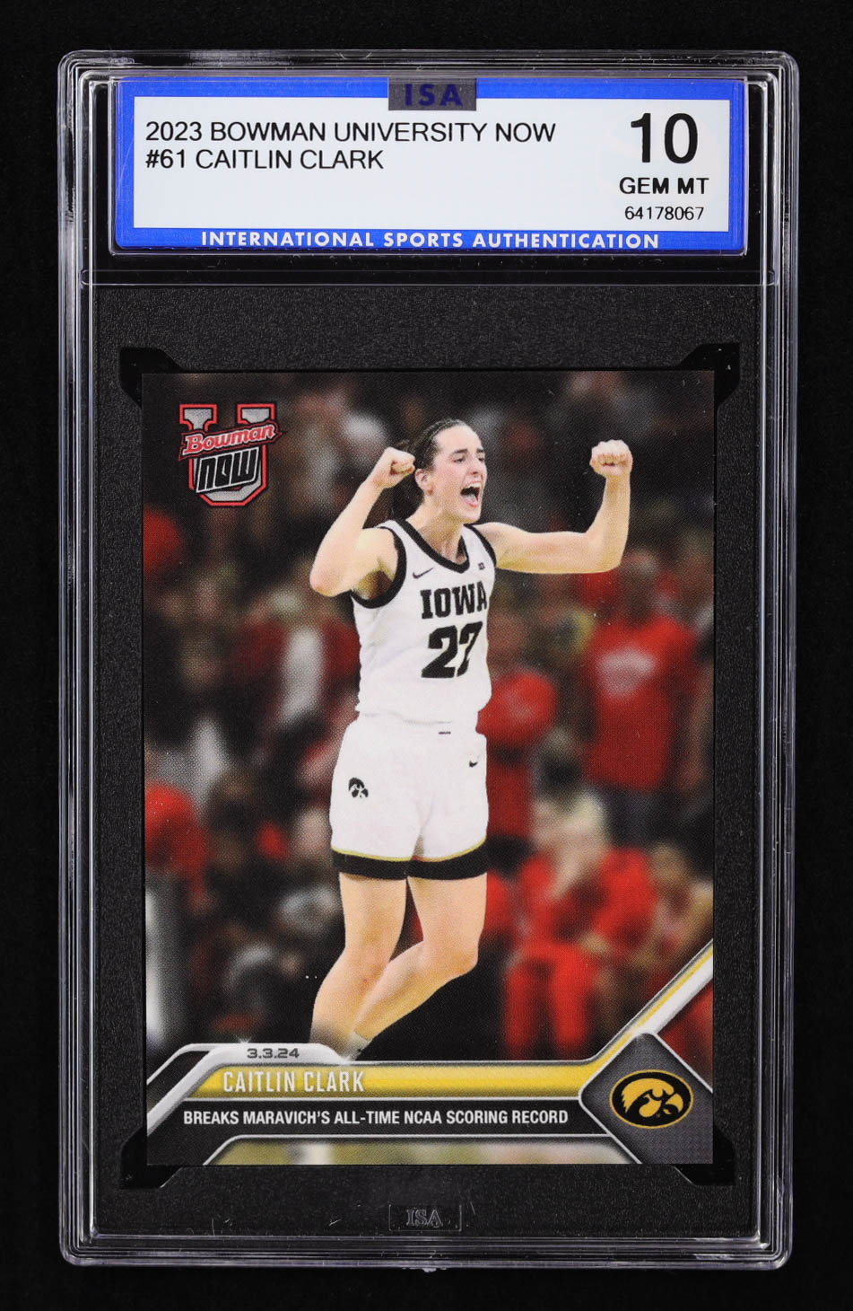 Caitlin Clark 2023-24 Bowman University Now #61 RC (ISA 10) at PristineAuction.com Caitlin Clark 2023-24 Bowman University Now #61 RC (ISA 10) at PristineAuction.com