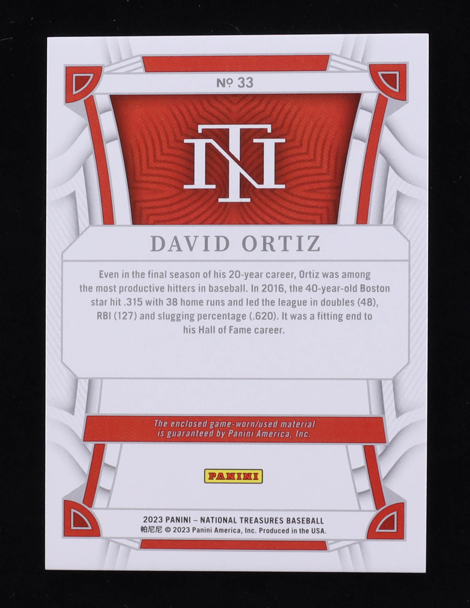 David Ortiz 2023 Panini National Treasures Red White and Blue Materials #33 #11/35 at PristineAuction.com David Ortiz 2023 Panini National Treasures Red White and Blue Materials #33 #11/35 at PristineAuction.com