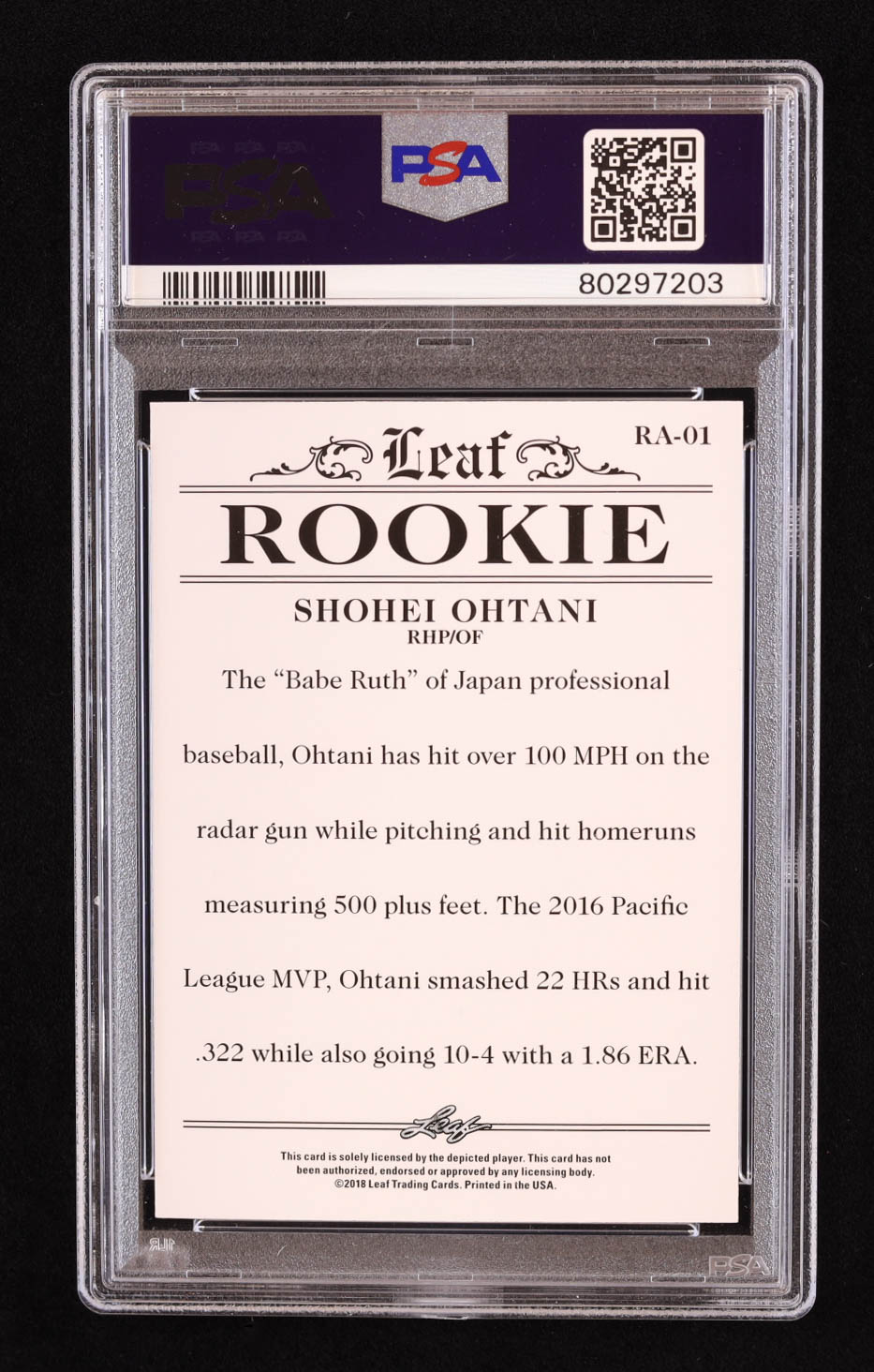 Shohei Ohtani 2018 Leaf Ohtani Rookie Achievement #RA01 RC (PSA 10) at PristineAuction.com Shohei Ohtani 2018 Leaf Ohtani Rookie Achievement #RA01 RC (PSA 10) at PristineAuction.com