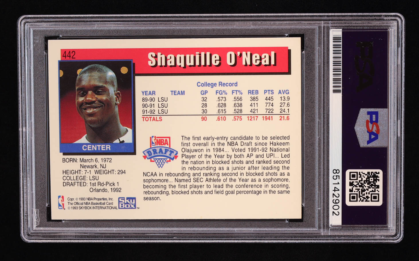 Shaquille O'Neal Signed 1992-93 Hoops #442 RC (PSA) at PristineAuction.com Shaquille O'Neal Signed 1992-93 Hoops #442 RC (PSA) at PristineAuction.com