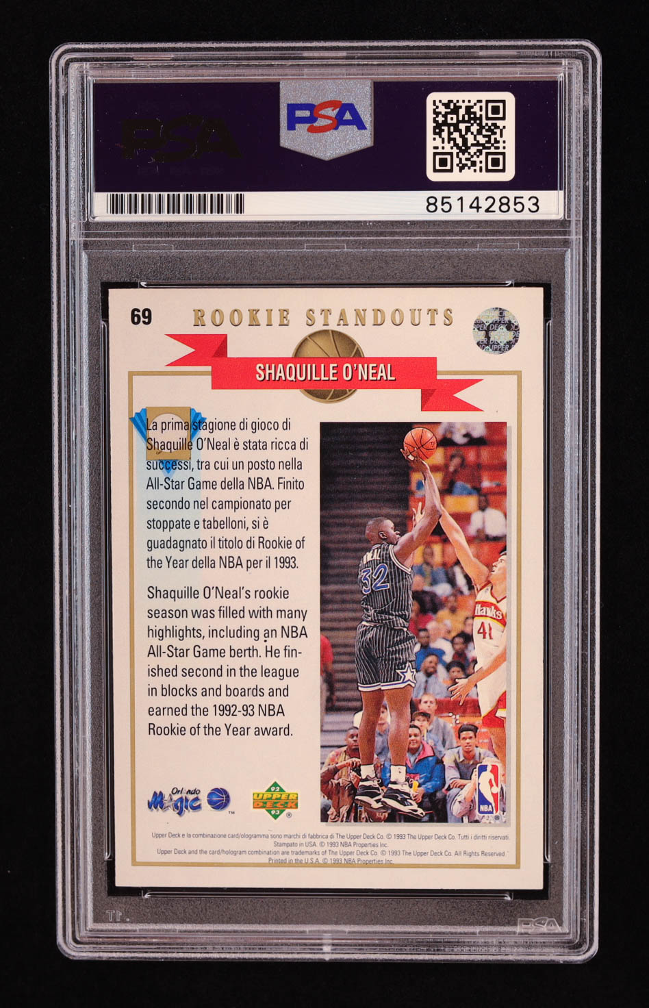 Shaquille O'Neal Signed 1992-93 Upper Deck International Italian #69 RS RC (PSA) at PristineAuction.com Shaquille O'Neal Signed 1992-93 Upper Deck International Italian #69 RS RC (PSA) at PristineAuction.com