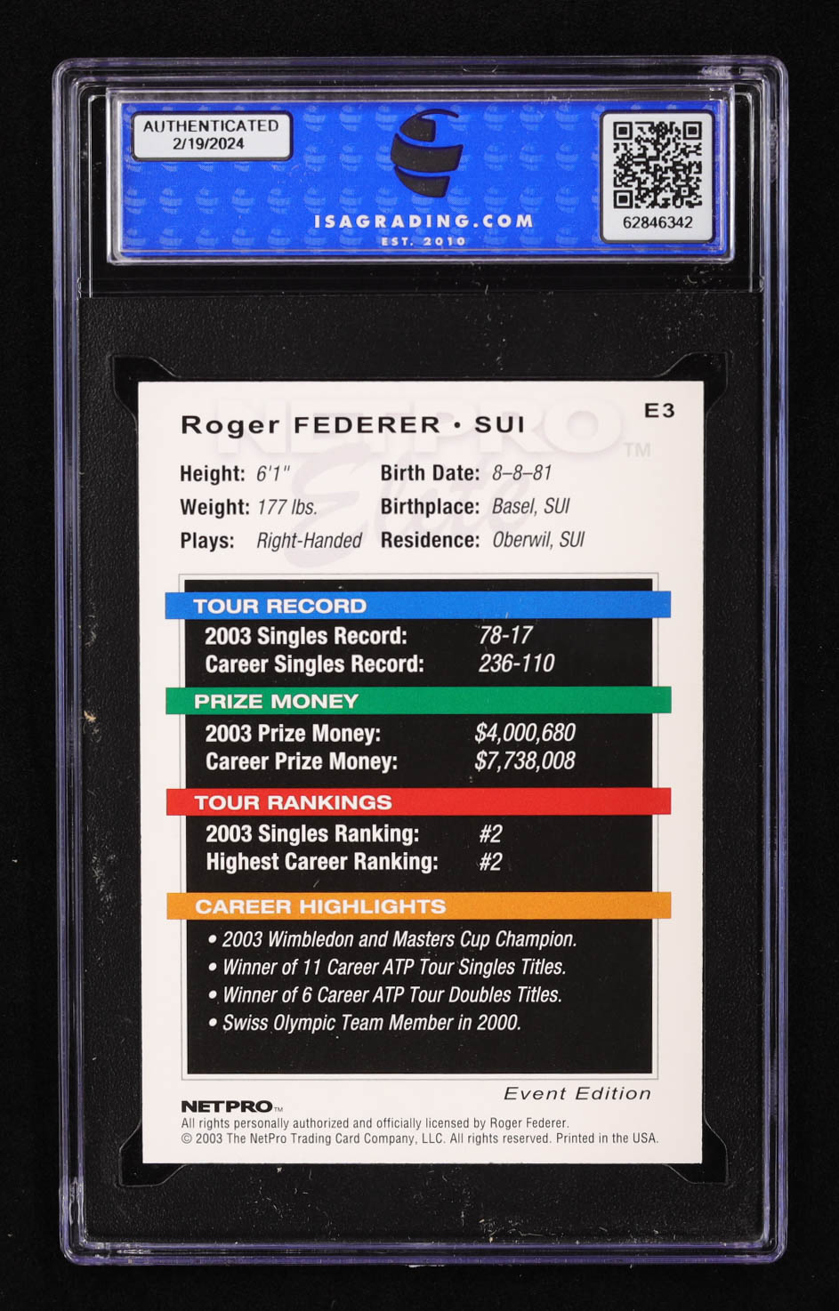 Roger Federer 2003 NetPro Elite Event #E3 (ISA 10) at PristineAuction.com Roger Federer 2003 NetPro Elite Event #E3 (ISA 10) at PristineAuction.com