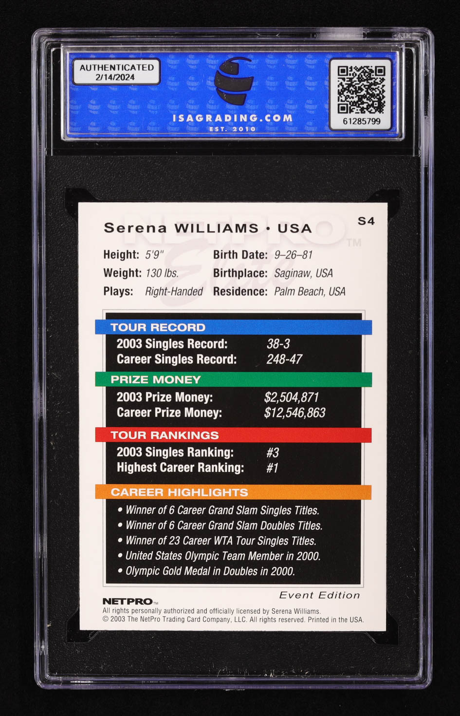 Serena Williams 2003 NetPro Elite Event Starter #S4 RC (ISA 10) at PristineAuction.com Serena Williams 2003 NetPro Elite Event Starter #S4 RC (ISA 10) at PristineAuction.com