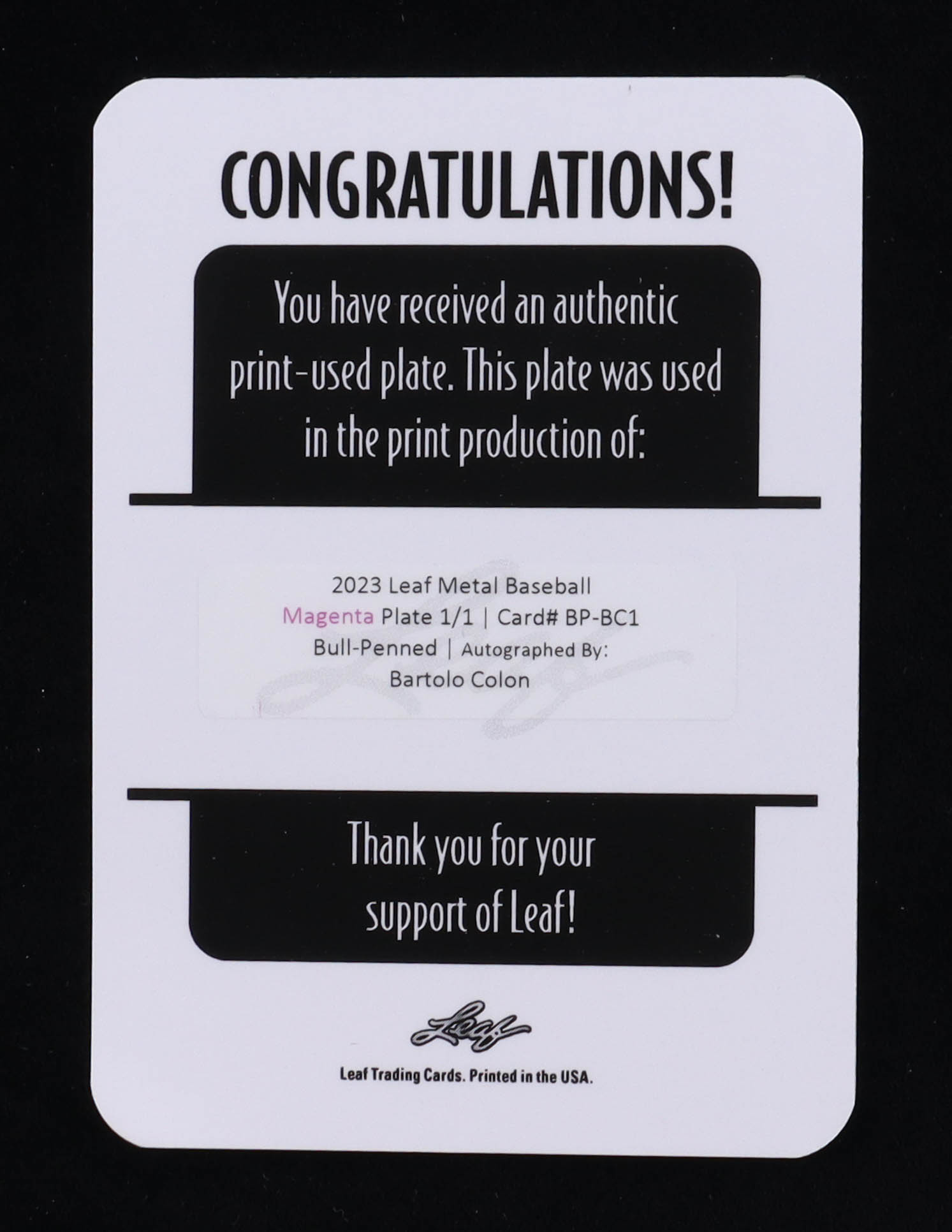 Bartolo Colon 2023 Leaf Metal Bull-Penned Autographs Printing Plate Magenta #BPBC1 #1/1 at PristineAuction.com Bartolo Colon 2023 Leaf Metal Bull-Penned Autographs Printing Plate Magenta #BPBC1 #1/1 at PristineAuction.com