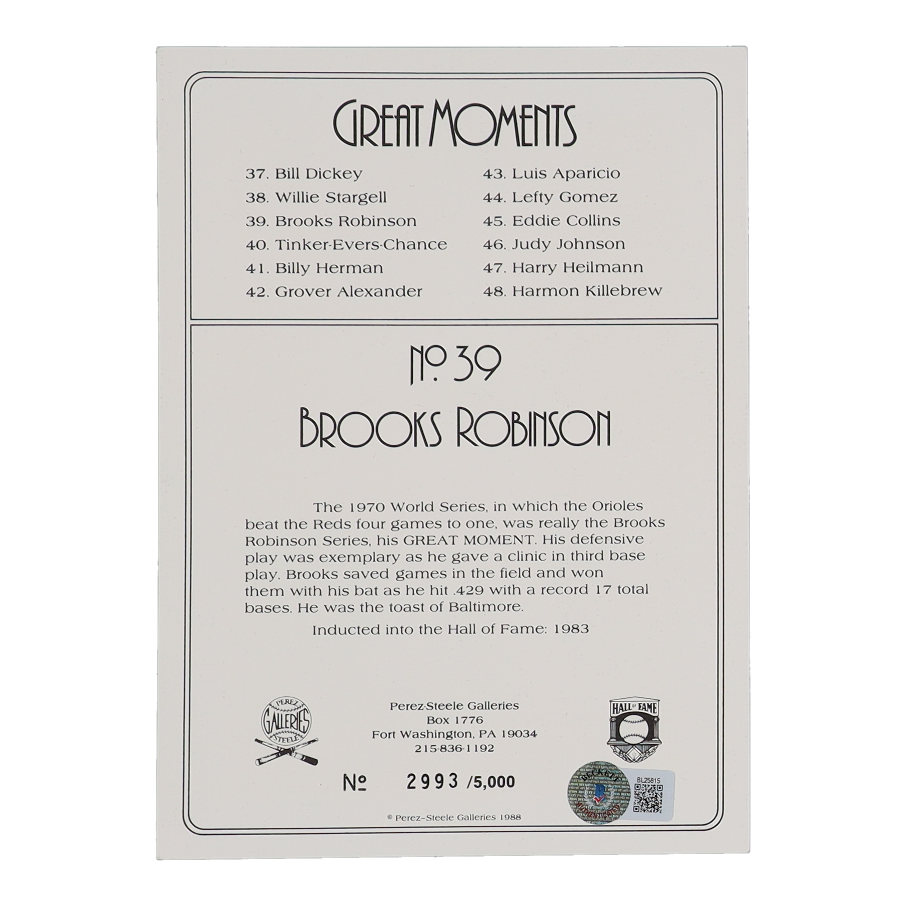 Brooks Robinson Signed LE 1988 Perez-Steele Great Moments #39 (Beckett) at PristineAuction.com Brooks Robinson Signed LE 1988 Perez-Steele Great Moments #39 (Beckett) at PristineAuction.com