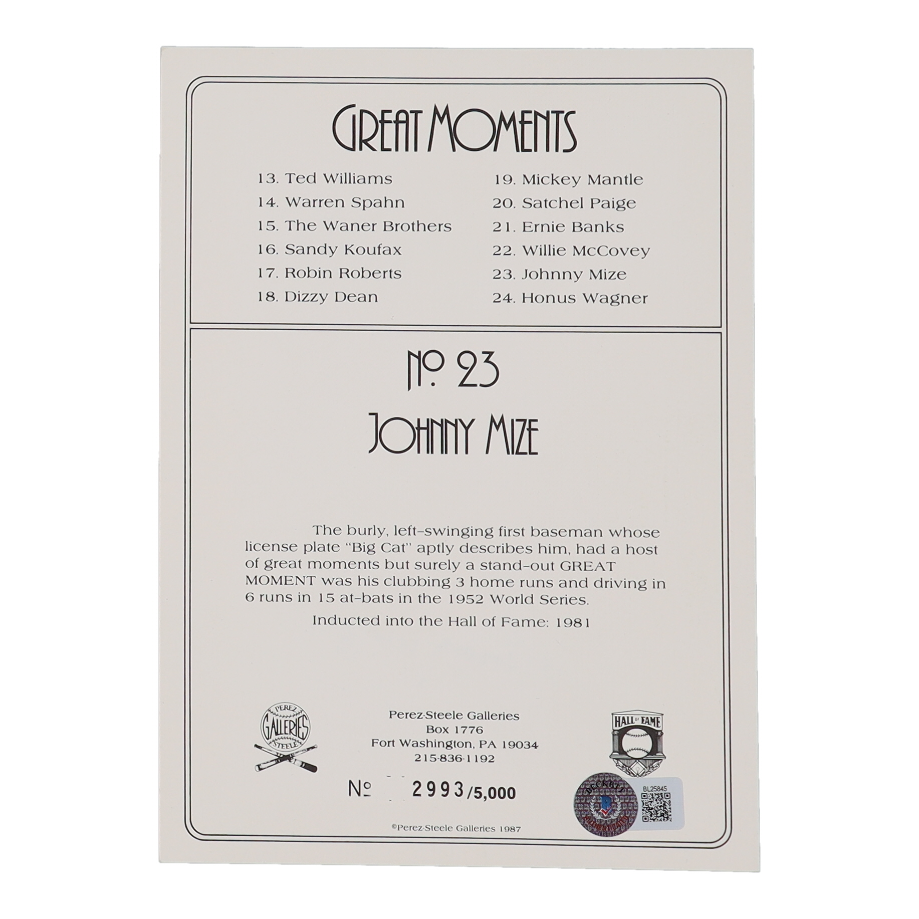 Johnny Mize Signed LE 1987 Perez-Steele Great Moments #23 (Beckett) at PristineAuction.com Johnny Mize Signed LE 1987 Perez-Steele Great Moments #23 (Beckett) at PristineAuction.com