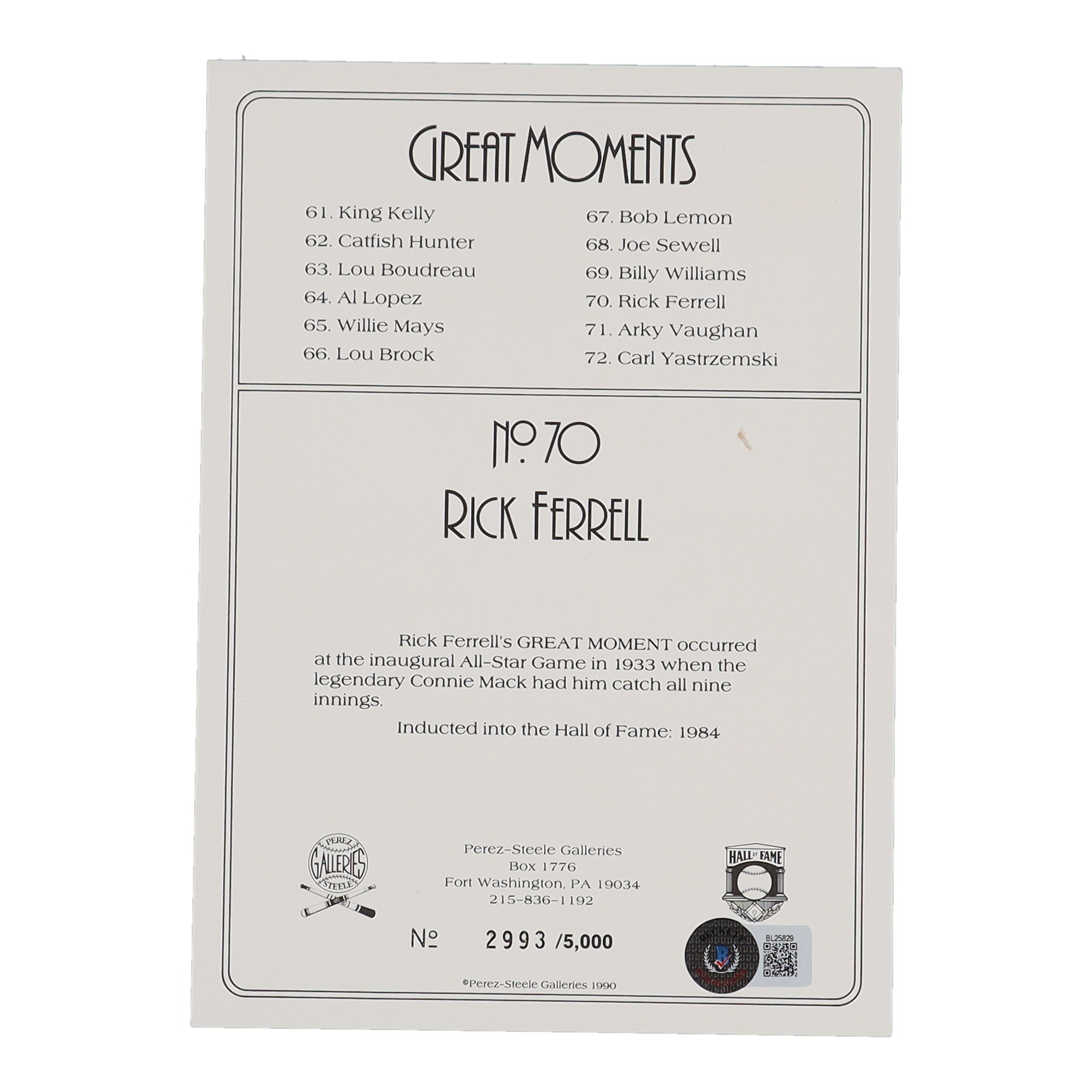 Rick Ferrell Signed LE 1990 Perez-Steele Great Moments #70 (Beckett) at PristineAuction.com Rick Ferrell Signed LE 1990 Perez-Steele Great Moments #70 (Beckett) at PristineAuction.com