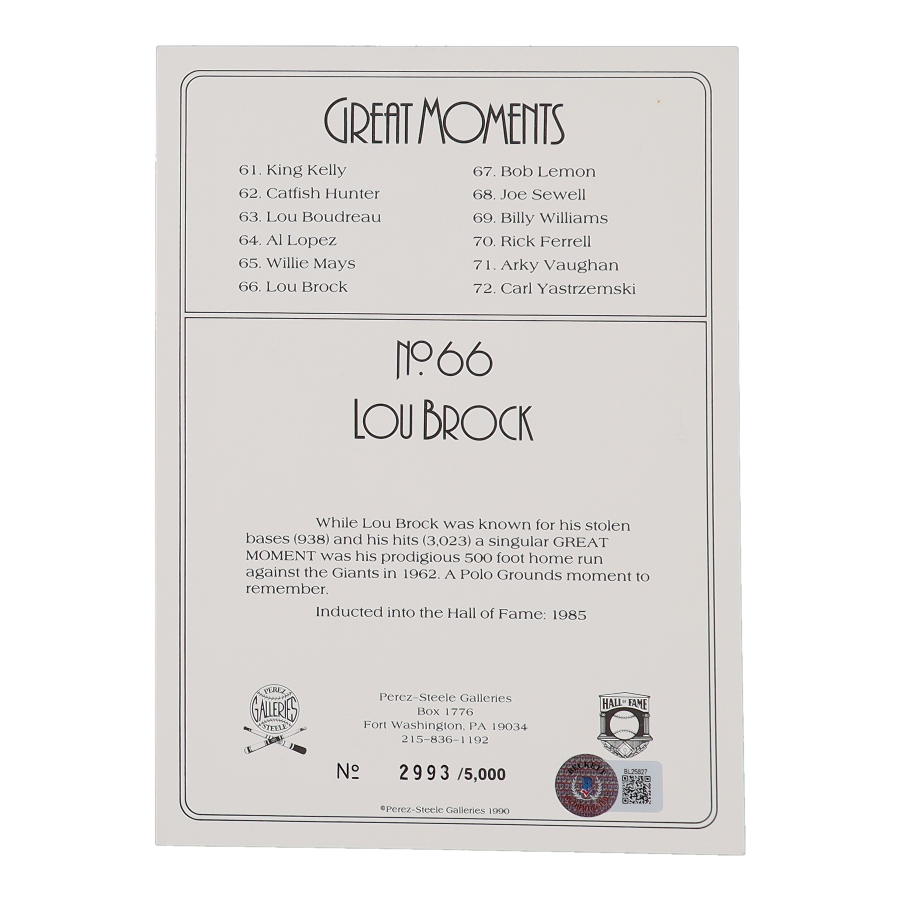 Lou Brock Signed LE 1990 Perez-Steele Great Moments #66 (Beckett) at PristineAuction.com Lou Brock Signed LE 1990 Perez-Steele Great Moments #66 (Beckett) at PristineAuction.com
