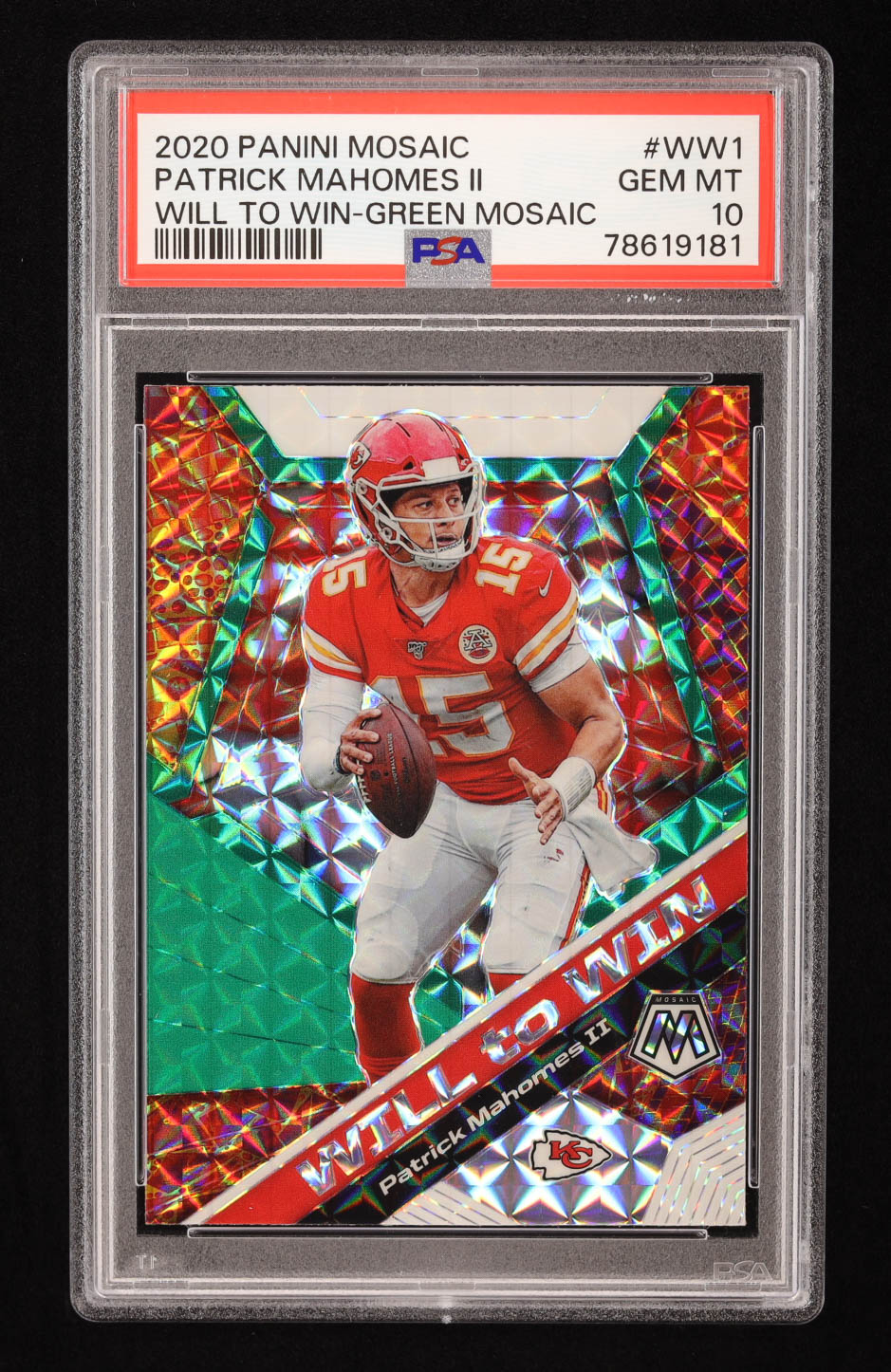 Patrick Mahomes II 2020 Panini Mosaic Will to Win Mosaic Green #1 (PSA 10) at PristineAuction.com Patrick Mahomes II 2020 Panini Mosaic Will to Win Mosaic Green #1 (PSA 10) at PristineAuction.com