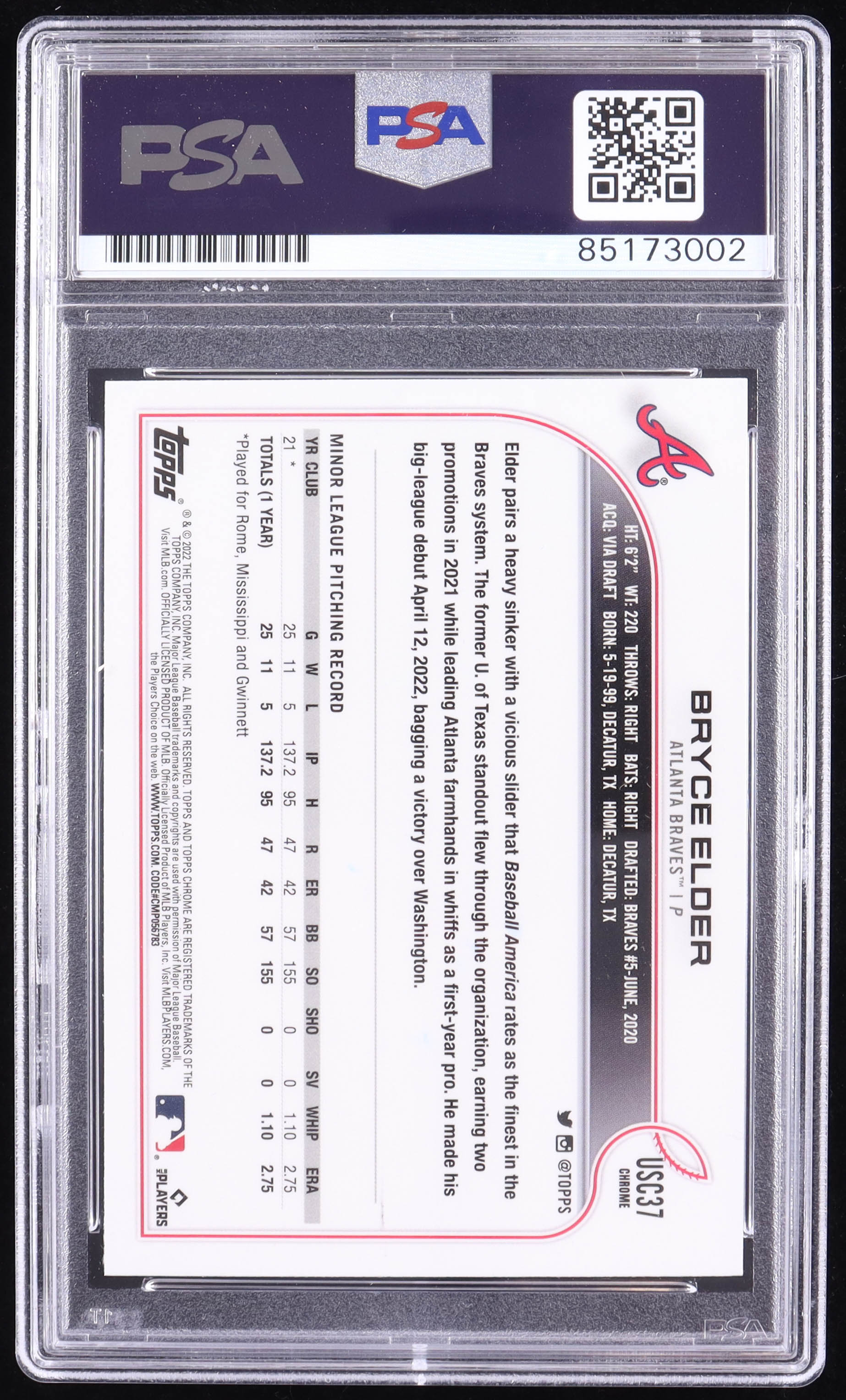 Bryce Elder Signed 2022 Topps Chrome Update #USC37 RC (PSA) at PristineAuction.com Bryce Elder Signed 2022 Topps Chrome Update #USC37 RC (PSA) at PristineAuction.com