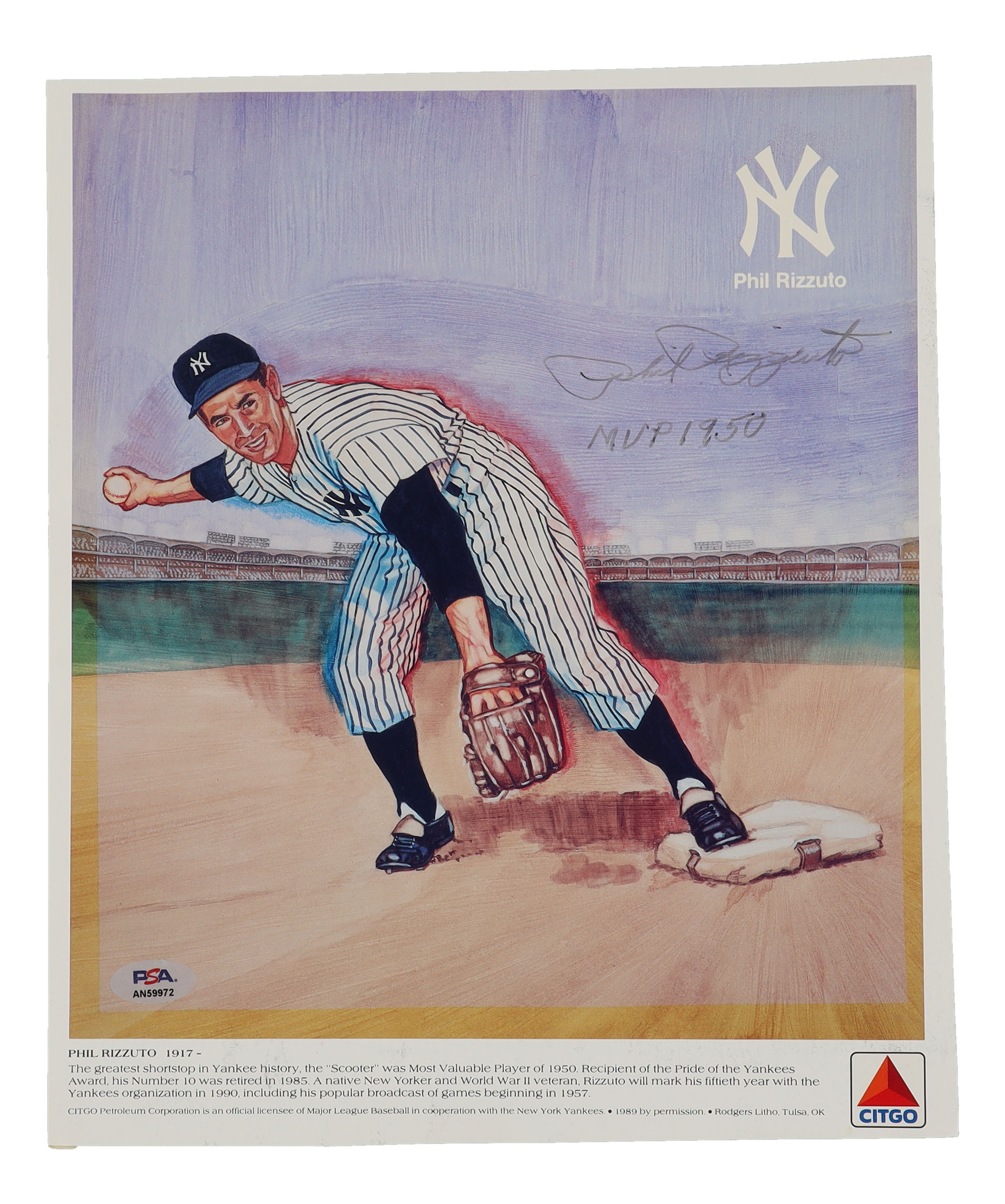 Phil Rizzuto Signed Vintage Citgo 11x14 Ad Poster Inscribed "MVP 1950" (PSA) at PristineAuction.com Phil Rizzuto Signed Vintage Citgo 11x14 Ad Poster Inscribed "MVP 1950" (PSA) at PristineAuction.com