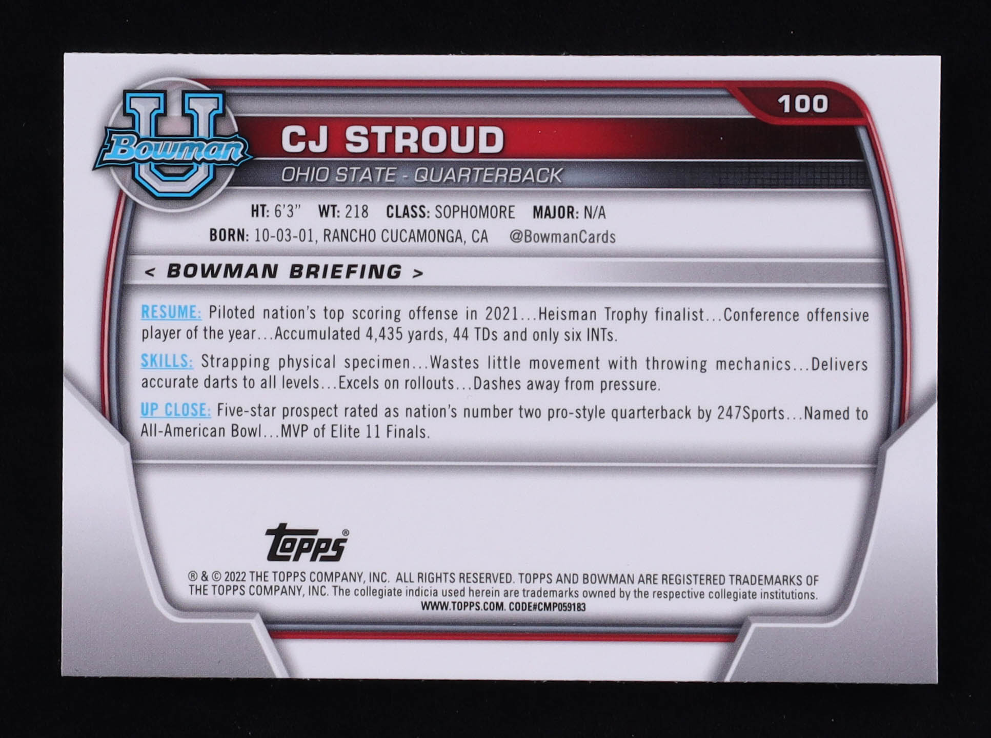 CJ Stroud 2022 Bowman Chrome University #100 RC at PristineAuction.com CJ Stroud 2022 Bowman Chrome University #100 RC at PristineAuction.com