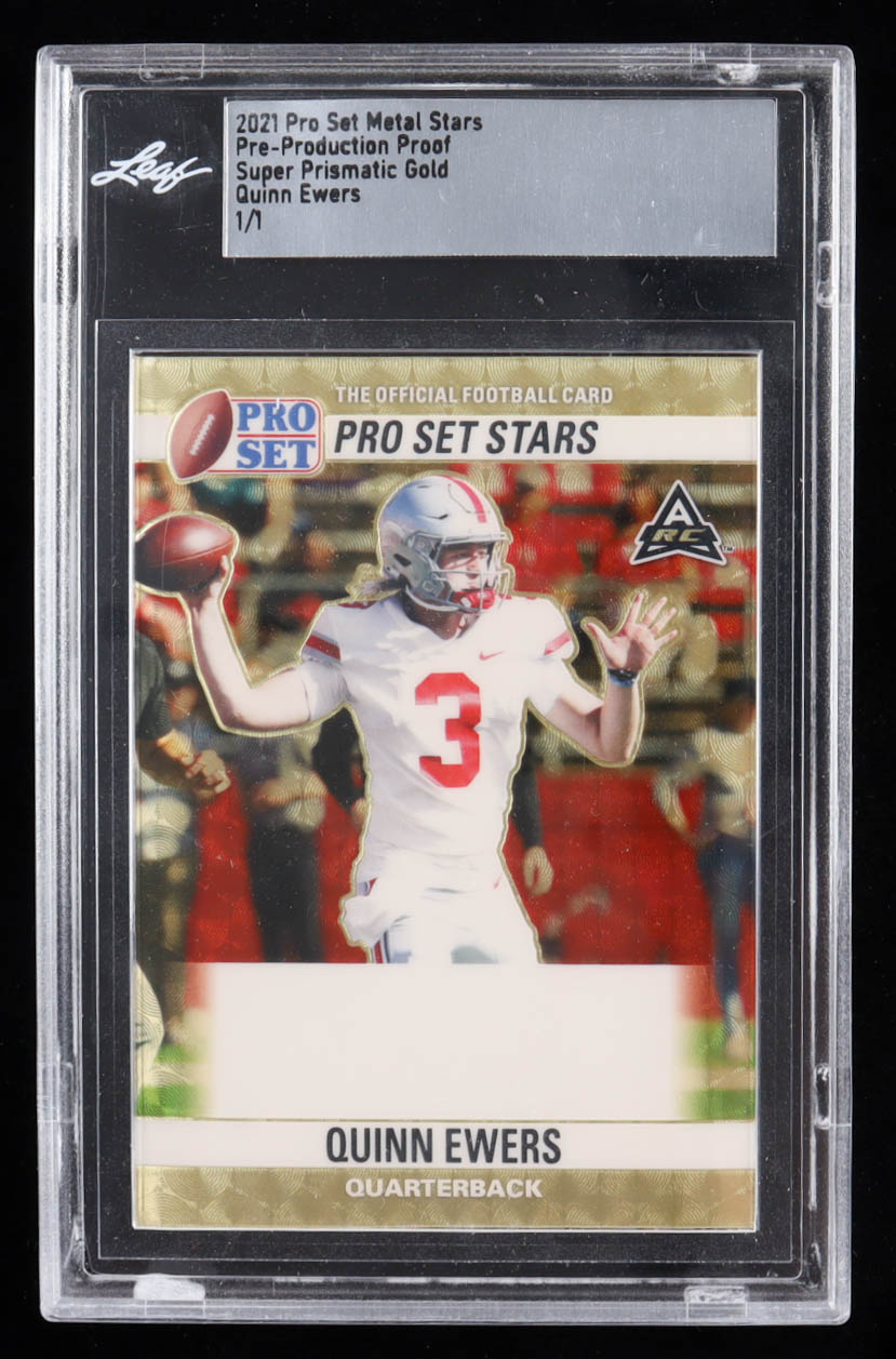 Quinn Ewers 2021 Pro Set Metal Stars Pre-Production Proof Super Prismatic Gold RC #1/1 (Leaf) at PristineAuction.com Quinn Ewers 2021 Pro Set Metal Stars Pre-Production Proof Super Prismatic Gold RC #1/1 (Leaf) at PristineAuction.com