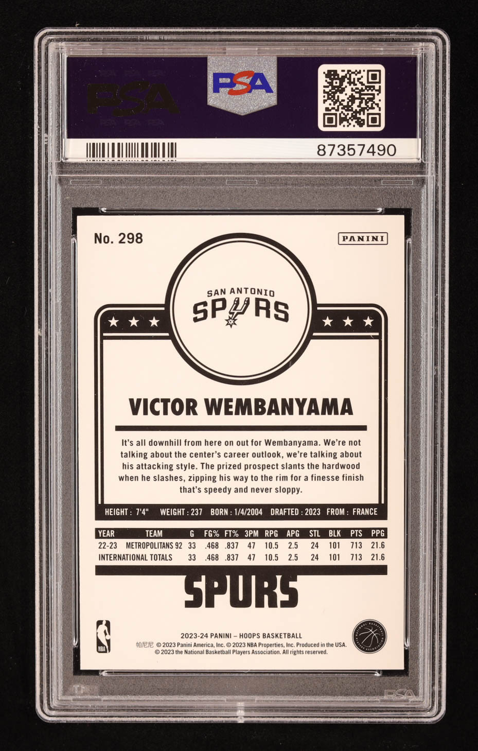 Victor Wembanyama 2023-24 Hoops #298 RC (PSA 10) at PristineAuction.com Victor Wembanyama 2023-24 Hoops #298 RC (PSA 10) at PristineAuction.com