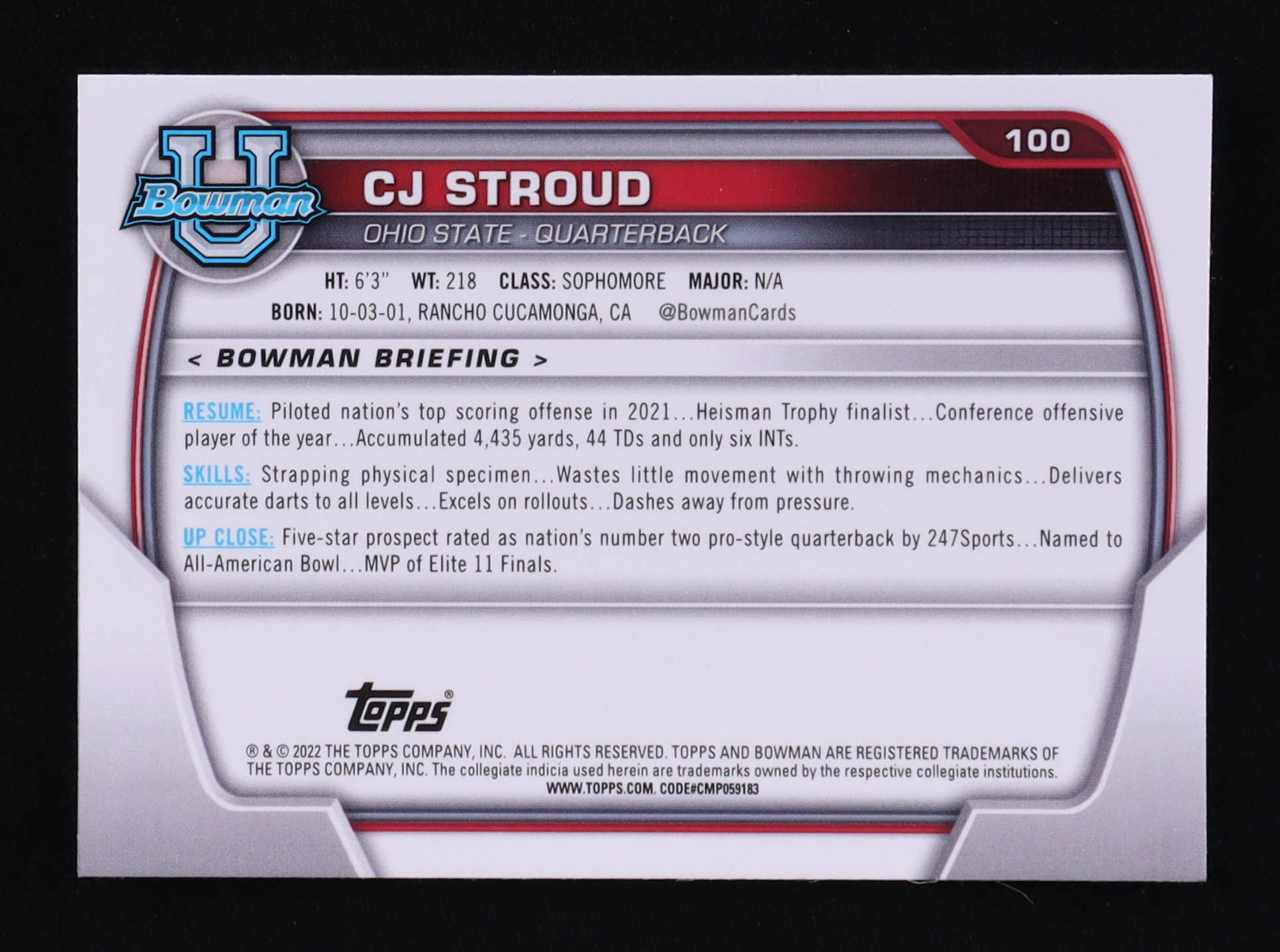 CJ Stroud 2022 Bowman Chrome University #100 RC at PristineAuction.com CJ Stroud 2022 Bowman Chrome University #100 RC at PristineAuction.com