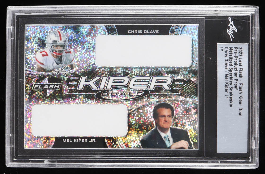 Chris Olave / Mel Kiper Jr. 2022 Leaf Flash - Flash Kiper Dual Pre-Production Proof Metalized Sparkles Snakeskin RC #1/1 (Leaf) at PristineAuction.com Chris Olave / Mel Kiper Jr. 2022 Leaf Flash - Flash Kiper Dual Pre-Production Proof Metalized Sparkles Snakeskin RC #1/1 (Leaf) at PristineAuction.com