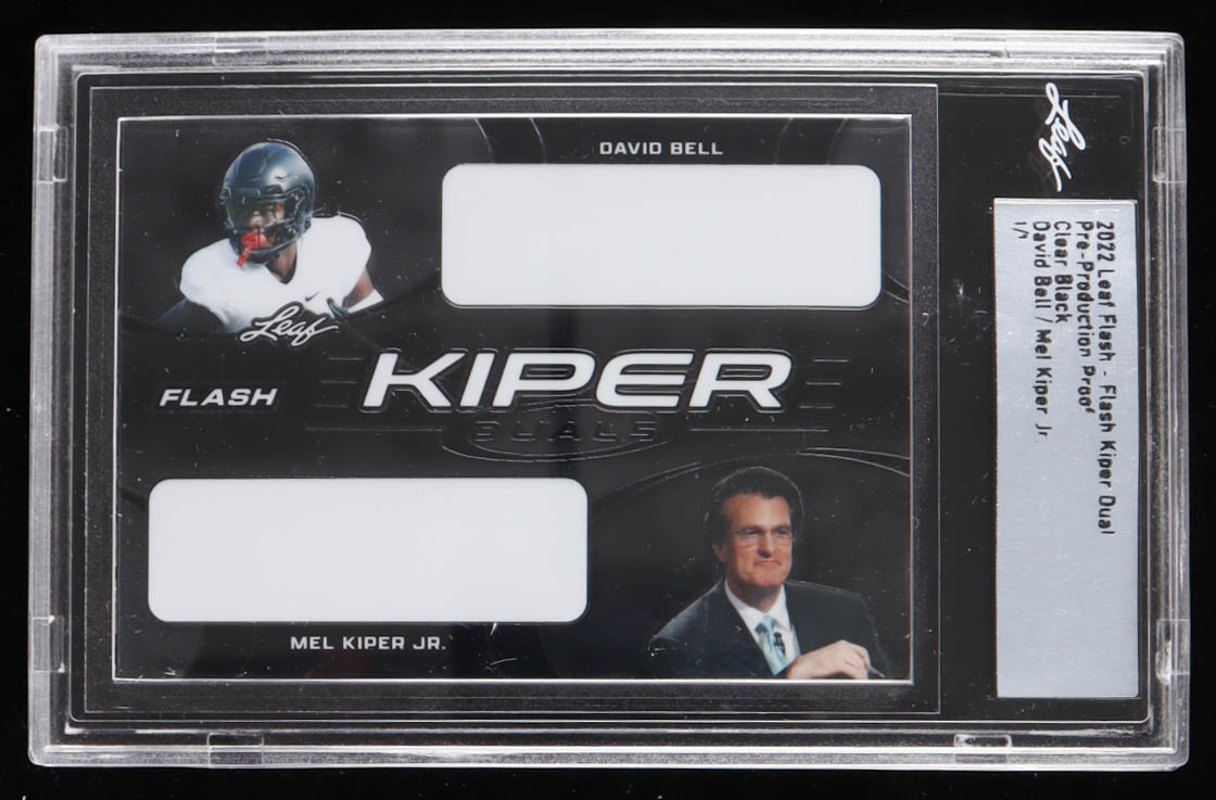David Bell / Mel Kiper Jr. 2022 Leaf Flash - Flash Kiper Dual Pre-Production Proof Clear Black RC #1/1 (Leaf) at PristineAuction.com David Bell / Mel Kiper Jr. 2022 Leaf Flash - Flash Kiper Dual Pre-Production Proof Clear Black RC #1/1 (Leaf) at PristineAuction.com