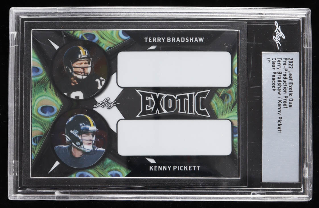 Terry Bradshaw / Kenny Pickett 2022 Leaf Exotic Dual Pre-Production Proof Clear Peacock RC #1/1 (Leaf) at PristineAuction.com Terry Bradshaw / Kenny Pickett 2022 Leaf Exotic Dual Pre-Production Proof Clear Peacock RC #1/1 (Leaf) at PristineAuction.com
