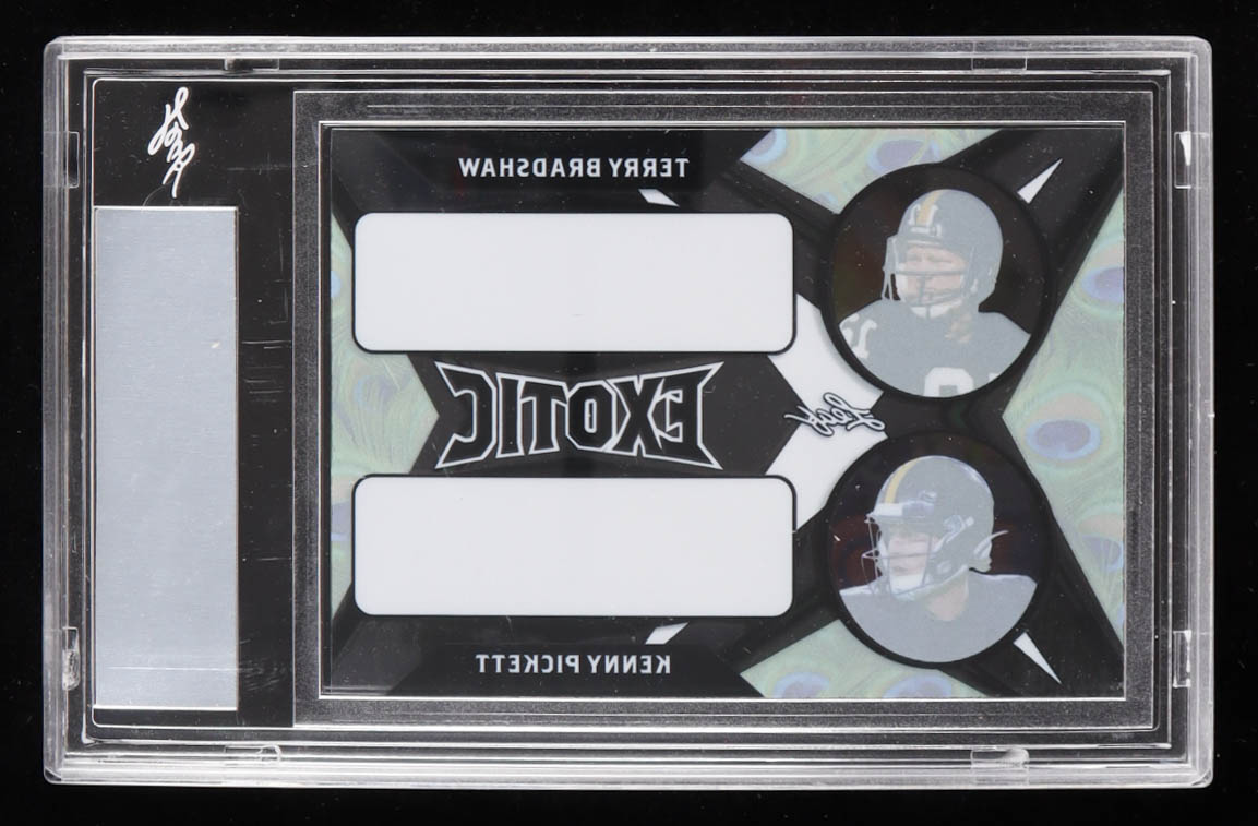 Terry Bradshaw / Kenny Pickett 2022 Leaf Exotic Dual Pre-Production Proof Clear Peacock RC #1/1 (Leaf) at PristineAuction.com Terry Bradshaw / Kenny Pickett 2022 Leaf Exotic Dual Pre-Production Proof Clear Peacock RC #1/1 (Leaf) at PristineAuction.com