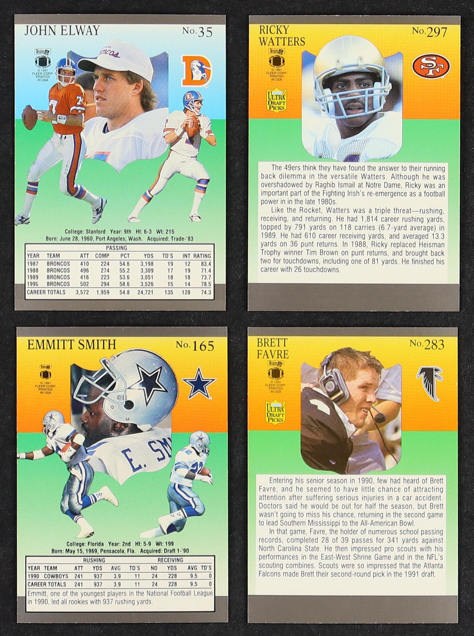 1991 Fleer Ultra Football Complete Set Of (300) Cards with John Elway #35, Emmitt Smith #165, Brett Favre #283 RC, Ricky Watters #297 at PristineAuction.com 1991 Fleer Ultra Football Complete Set Of (300) Cards with John Elway #35, Emmitt Smith #165, Brett Favre #283 RC, Ricky Watters #297 at PristineAuction.com