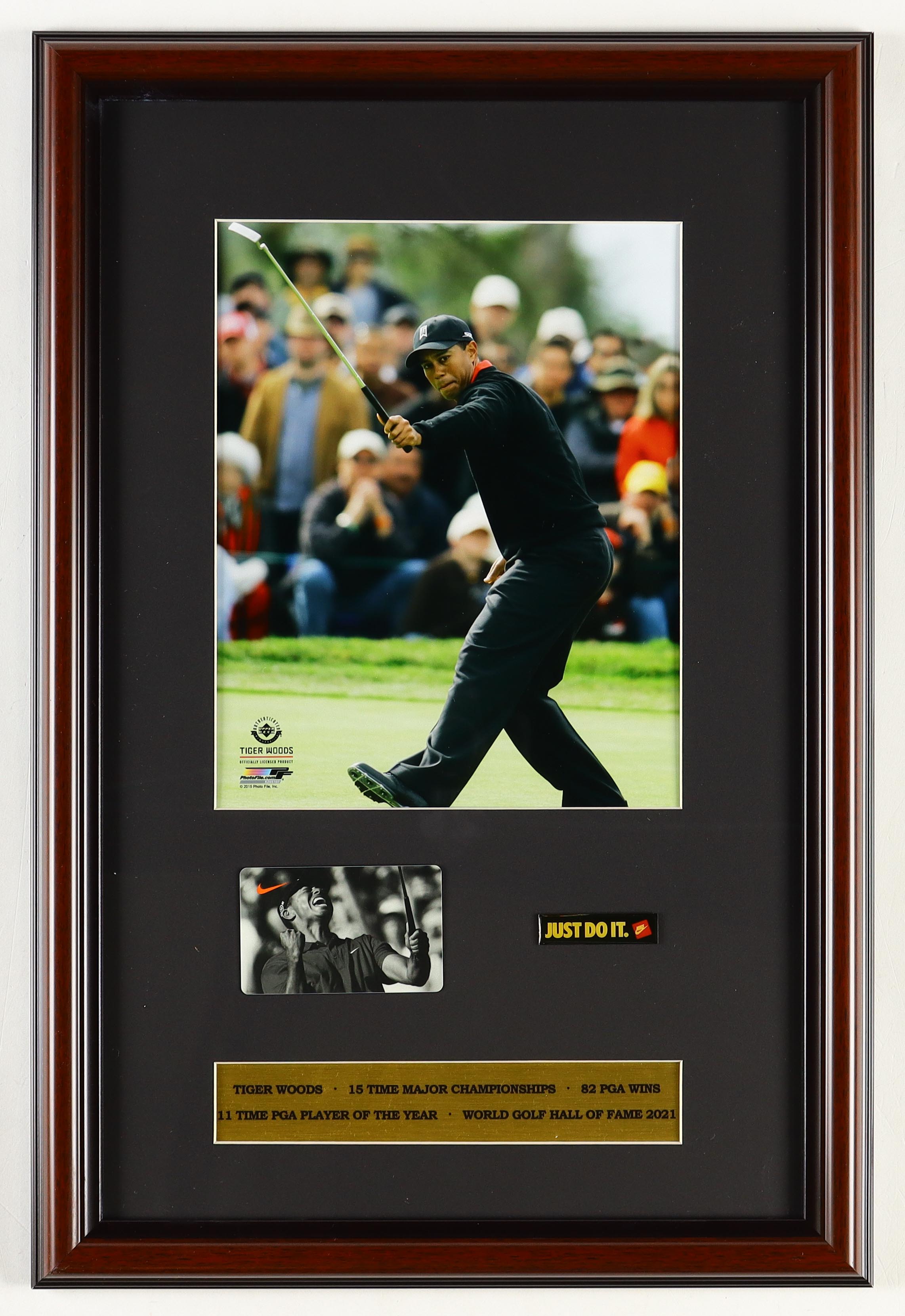 Tiger Woods Custom Framed Photo Display with Nike Just Do It Pin & Nike Store Card at PristineAuction.com Tiger Woods Custom Framed Photo Display with Nike Just Do It Pin & Nike Store Card at PristineAuction.com