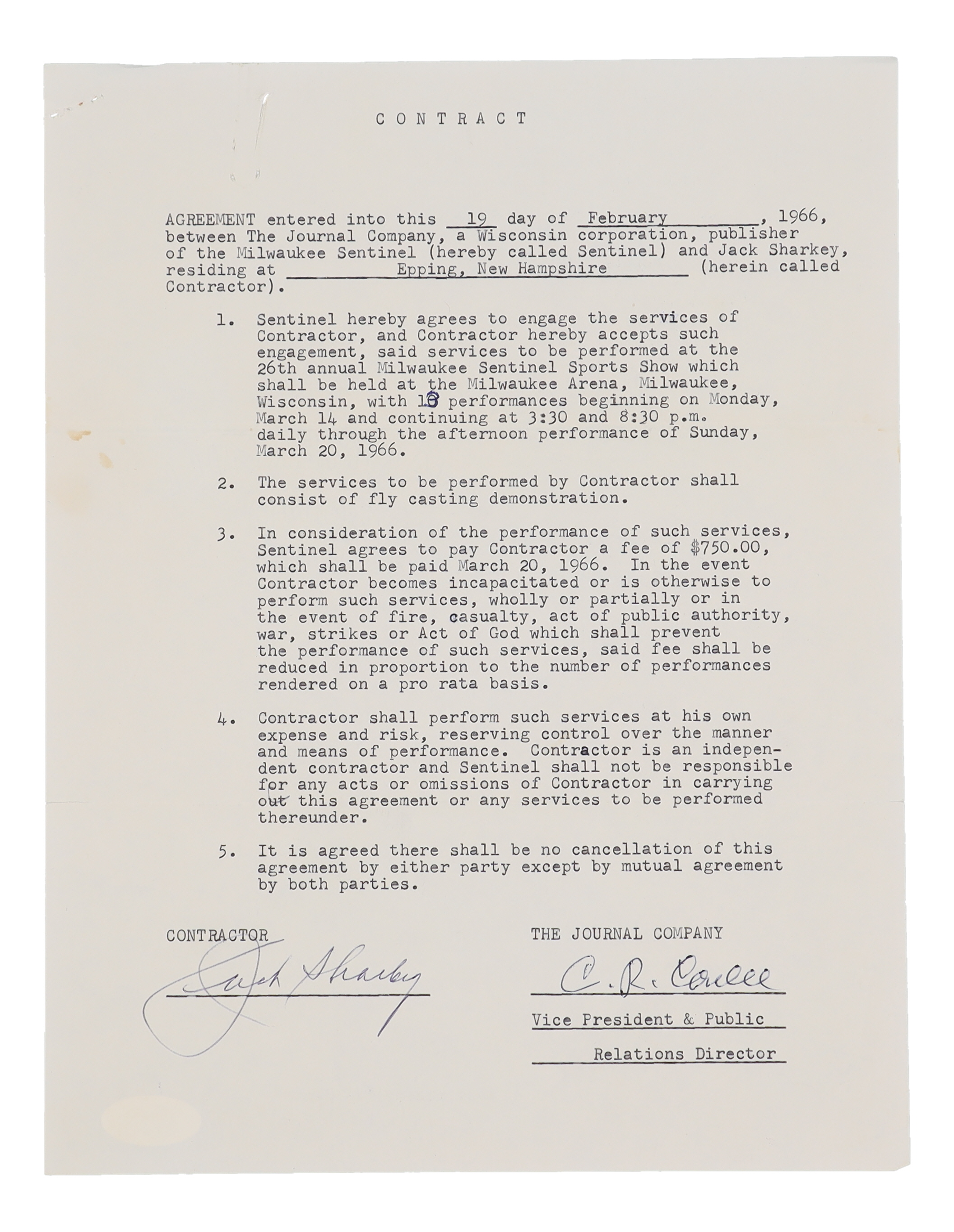Jack Sharkey Signed 1966 The Journal Company Contract (JSA) at PristineAuction.com Jack Sharkey Signed 1966 The Journal Company Contract (JSA) at PristineAuction.com