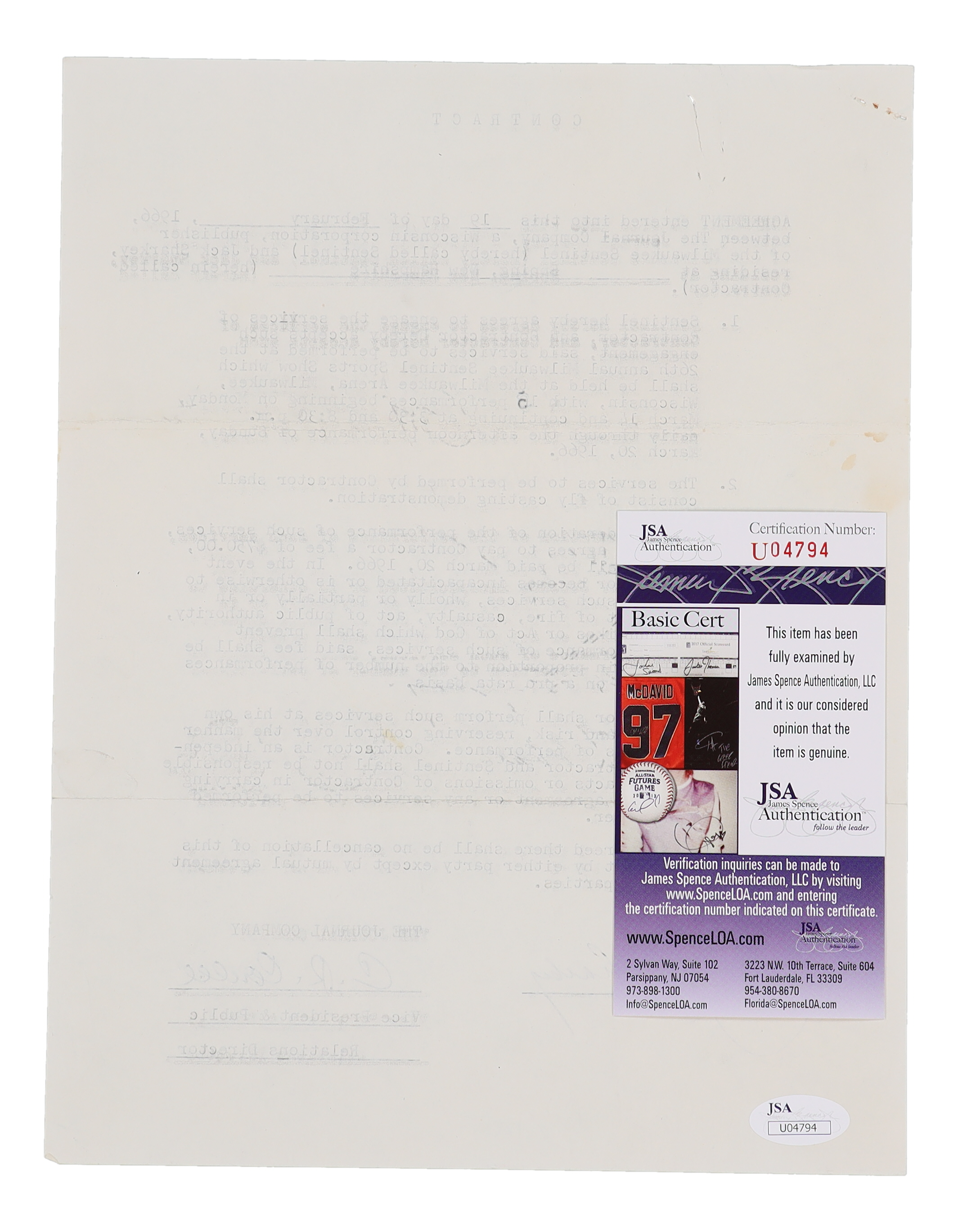 Jack Sharkey Signed 1966 The Journal Company Contract (JSA) at PristineAuction.com Jack Sharkey Signed 1966 The Journal Company Contract (JSA) at PristineAuction.com