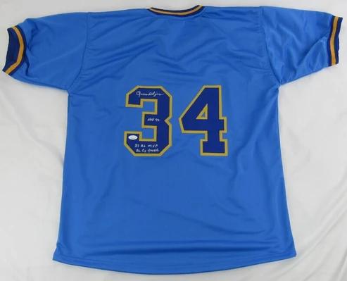 Rollie Fingers Signed Jersey Inscribed "HOF 92", "81 AL MVP" & "AL CY Young" (JSA) at PristineAuction.com Rollie Fingers Signed Jersey Inscribed "HOF 92", "81 AL MVP" & "AL CY Young" (JSA) at PristineAuction.com