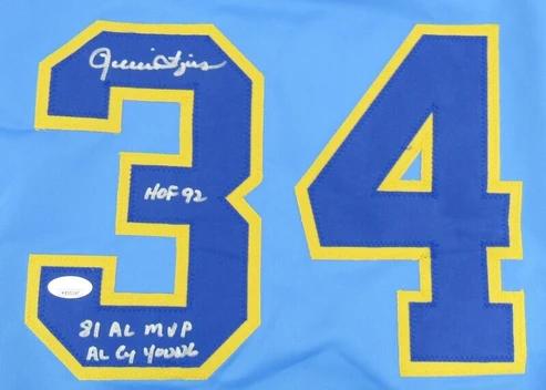 Rollie Fingers Signed Jersey Inscribed "HOF 92", "81 AL MVP" & "AL CY Young" (JSA) at PristineAuction.com Rollie Fingers Signed Jersey Inscribed "HOF 92", "81 AL MVP" & "AL CY Young" (JSA) at PristineAuction.com