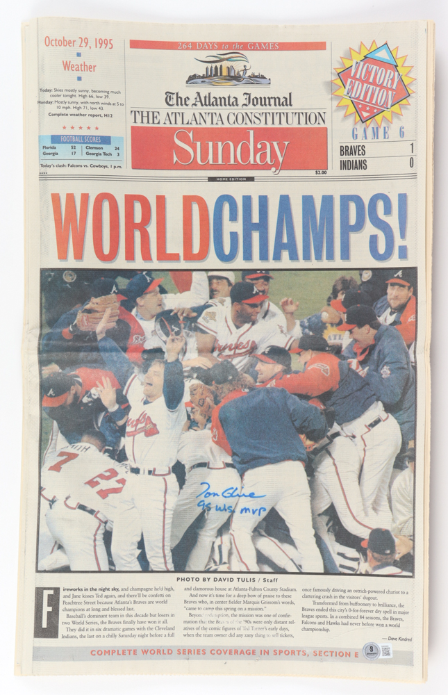 Tom Glavine Signed 1995 The Atlanta Journal News Full Magazine Inscribed "G95 WS MVP" (Beckett) at PristineAuction.com Tom Glavine Signed 1995 The Atlanta Journal News Full Magazine Inscribed "G95 WS MVP" (Beckett) at PristineAuction.com