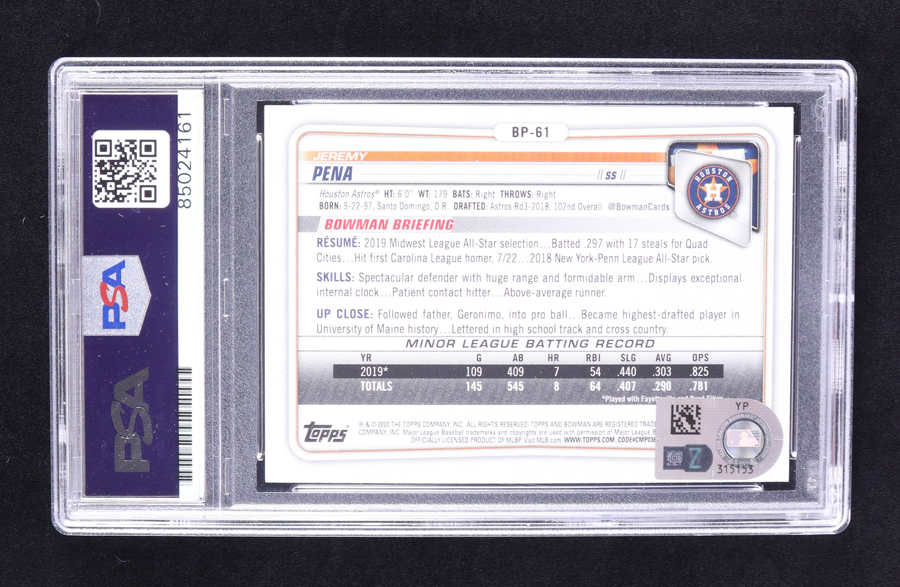 Jeremy Pena Signed 2020 Bowman Prospects #BP61 RC (PSA | Auto 10 & MLB) at PristineAuction.com Jeremy Pena Signed 2020 Bowman Prospects #BP61 RC (PSA | Auto 10 & MLB) at PristineAuction.com