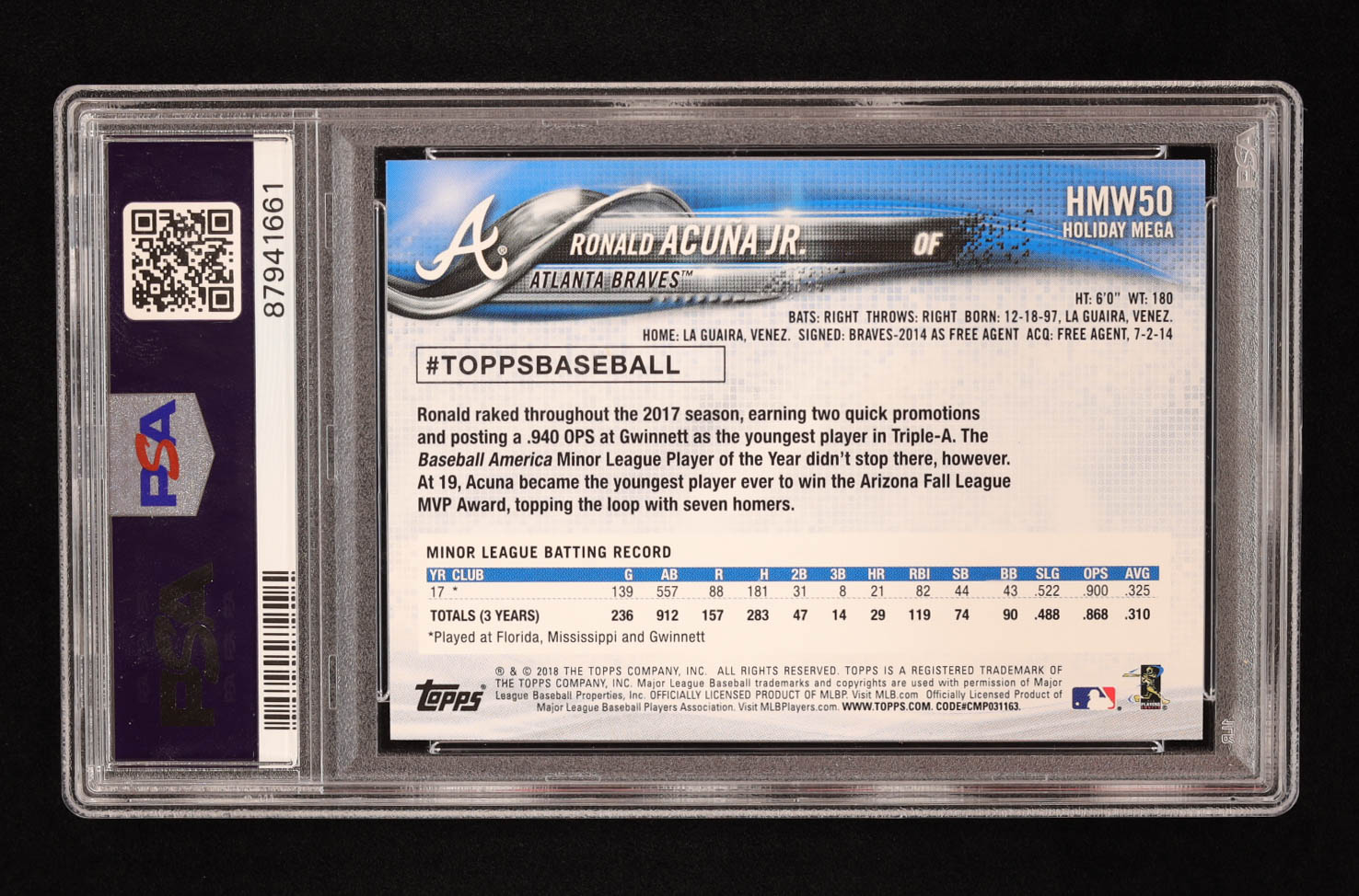 Ronald Acuna Jr. 2018 Topps Walmart Holiday Snowflake #HMW50 RC (PSA 10) at PristineAuction.com Ronald Acuna Jr. 2018 Topps Walmart Holiday Snowflake #HMW50 RC (PSA 10) at PristineAuction.com