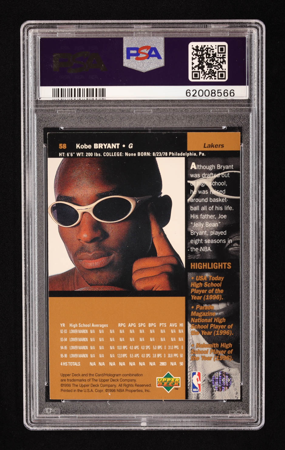 Kobe Bryant 1996-97 Upper Deck #58 RC (PSA 8) at PristineAuction.com Kobe Bryant 1996-97 Upper Deck #58 RC (PSA 8) at PristineAuction.com