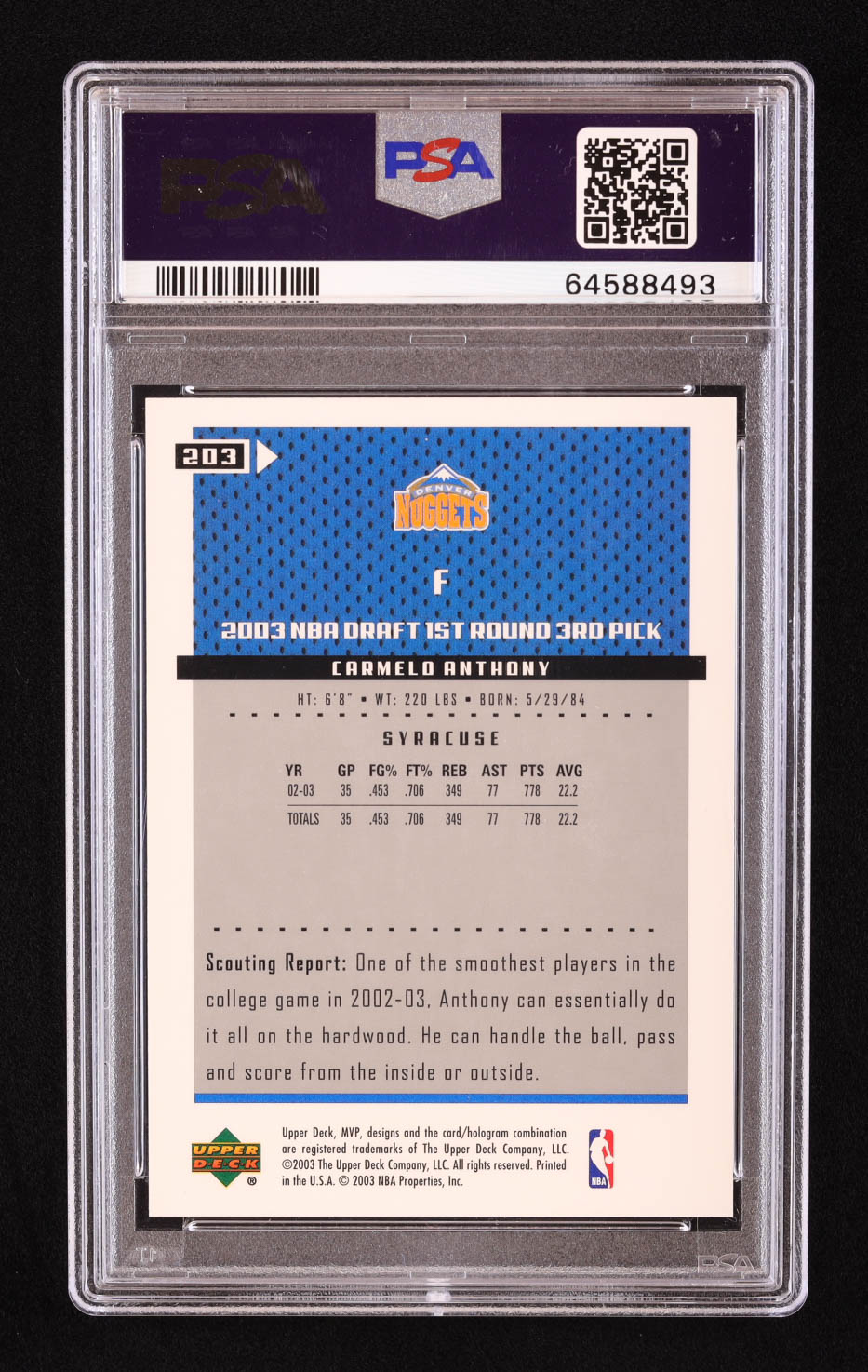 Carmelo Anthony 2003-04 Upper Deck MVP #203 RC (PSA 10) at PristineAuction.com Carmelo Anthony 2003-04 Upper Deck MVP #203 RC (PSA 10) at PristineAuction.com