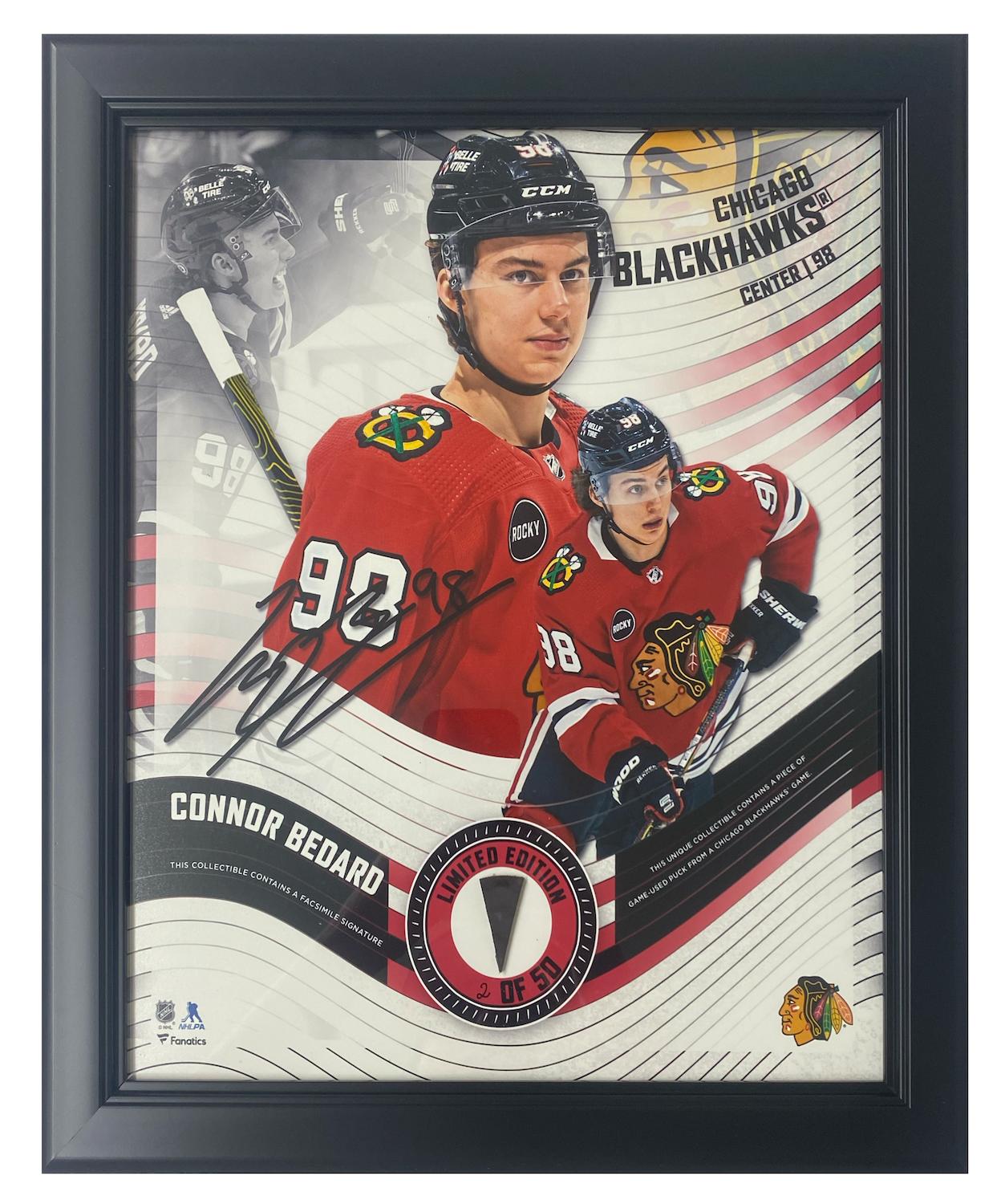 Connor Bedard LE Blackhawks Custom Framed Photo Display with Game-Used Puck Piece (Fanatics) at PristineAuction.com Connor Bedard LE Blackhawks Custom Framed Photo Display with Game-Used Puck Piece (Fanatics) at PristineAuction.com