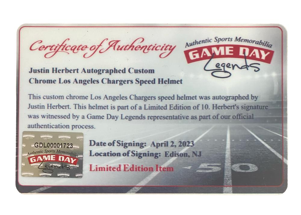 Justin Herbert Signed LE Chargers Full-Size Authentic Chrome On-Field Speed Helmet with Custom Visor (Beckett & Game Day Legends) at PristineAuction.com Justin Herbert Signed LE Chargers Full-Size Authentic Chrome On-Field Speed Helmet with Custom Visor (Beckett & Game Day Legends) at PristineAuction.com