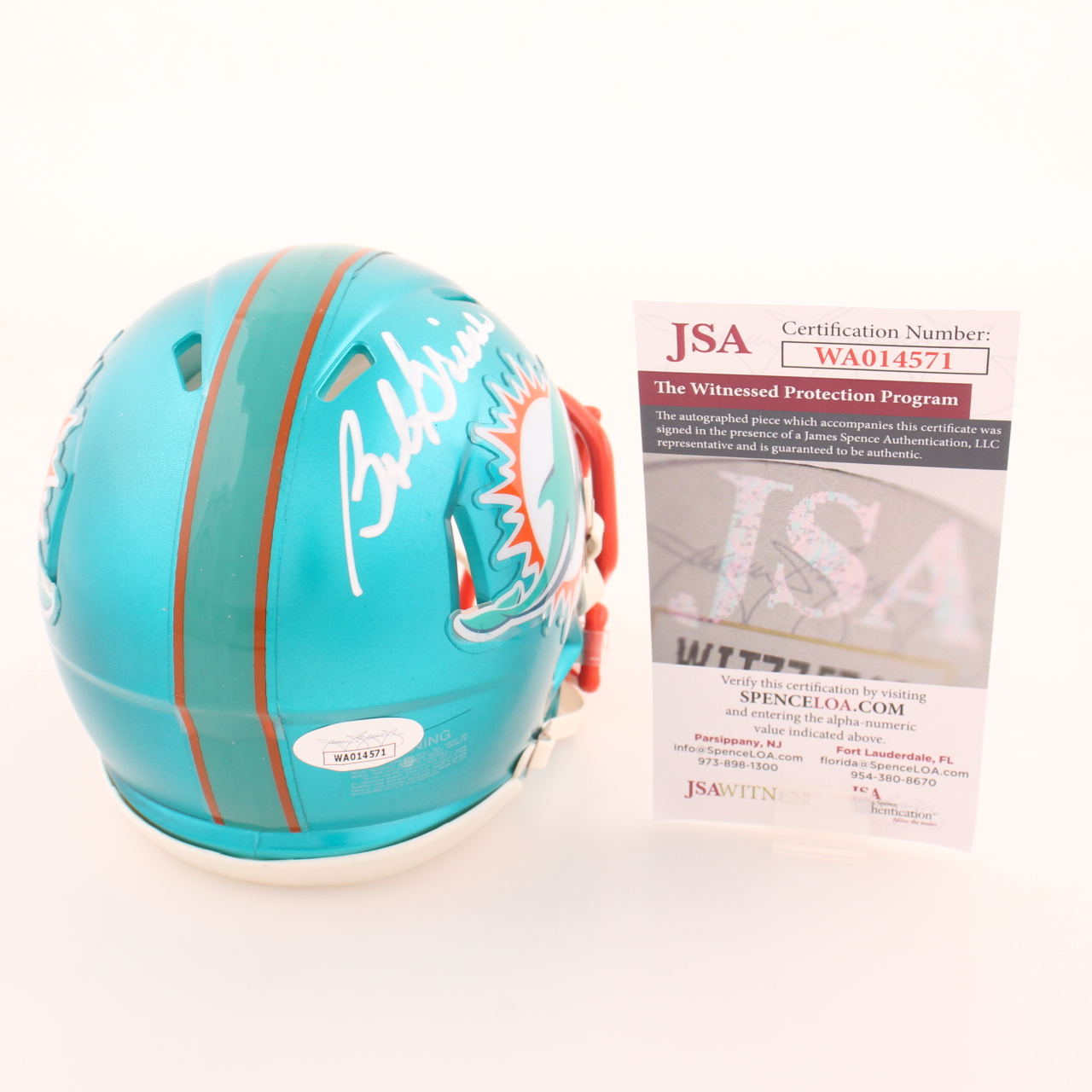Bob Griese Signed Dolphins Flash Alternate Speed Mini Helmet Inscribed "HOF 90" (JSA) at PristineAuction.com Bob Griese Signed Dolphins Flash Alternate Speed Mini Helmet Inscribed "HOF 90" (JSA) at PristineAuction.com