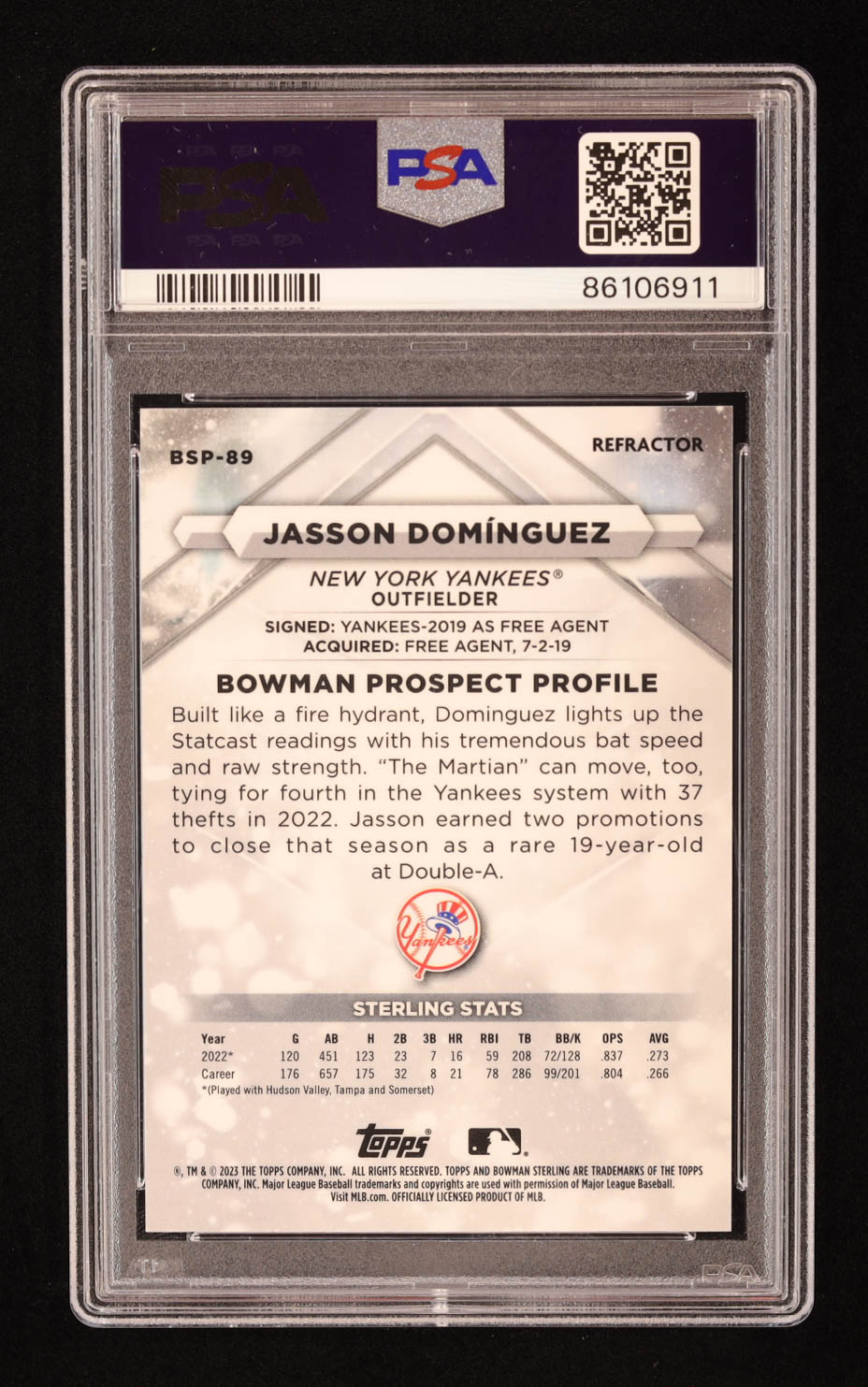 Jasson Dominguez 2023 Bowman Sterling Prospects Refractors #BSP89 RC #92/199 (PSA 10) at PristineAuction.com Jasson Dominguez 2023 Bowman Sterling Prospects Refractors #BSP89 RC #92/199 (PSA 10) at PristineAuction.com