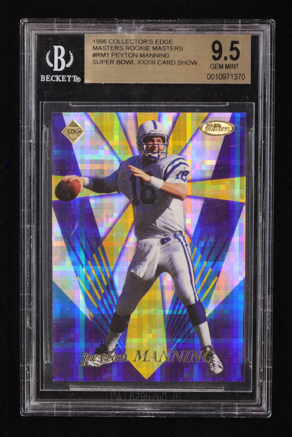 Peyton Manning 1998 Collector's Edge Masters Rookie Masters #RM1 RC #1625/2500 (BGS 9.5) at PristineAuction.com Peyton Manning 1998 Collector's Edge Masters Rookie Masters #RM1 RC #1625/2500 (BGS 9.5) at PristineAuction.com