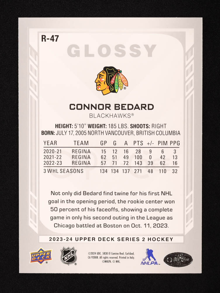 Connor Bedard 2023-24 Upper Deck OPC Glossy #R47 RC at PristineAuction.com Connor Bedard 2023-24 Upper Deck OPC Glossy #R47 RC at PristineAuction.com